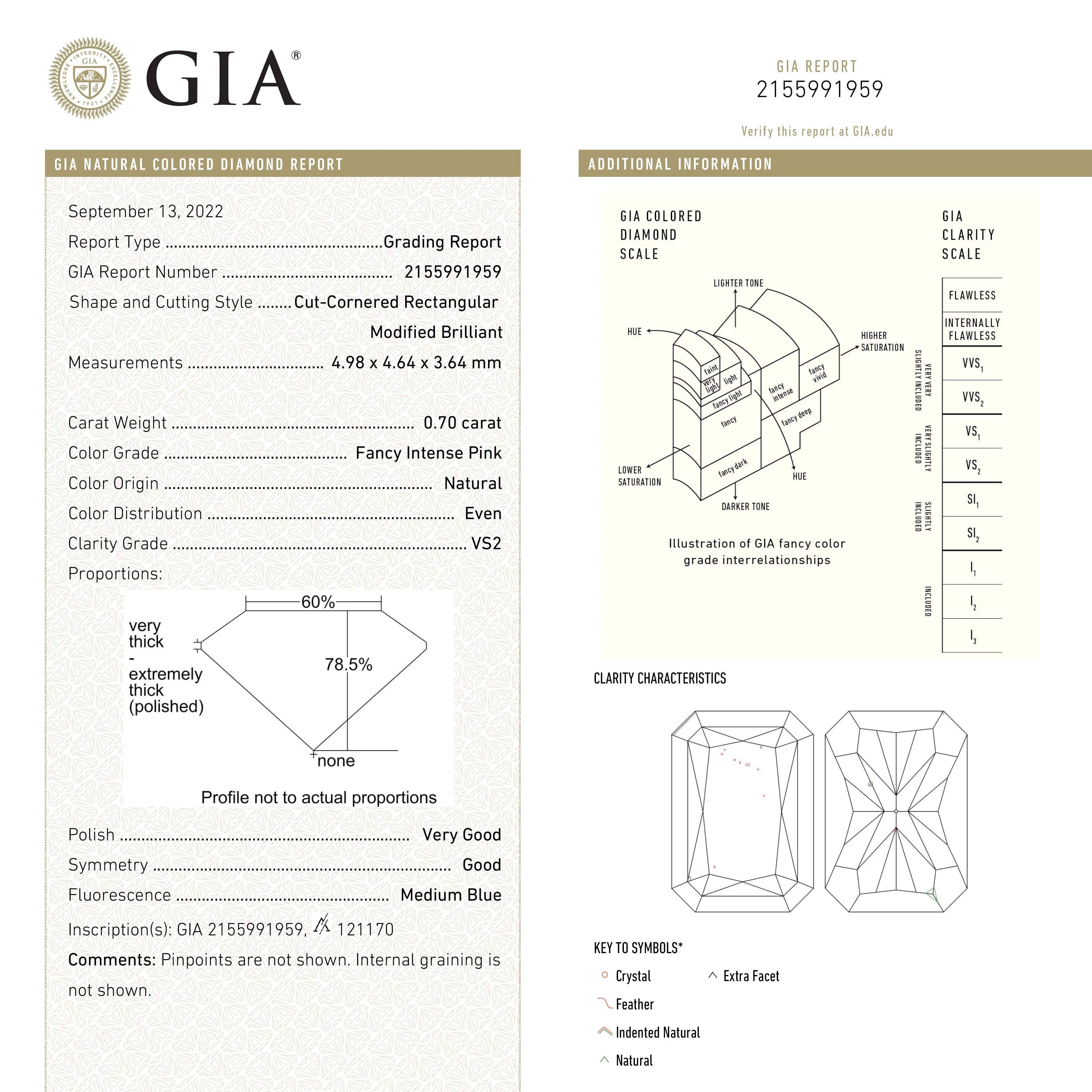 0.70ct 4.98x4.64x3.64mm GIA VS2 Fancy Intense Pink Cut Corner Rectangle Brilliant 24159-01