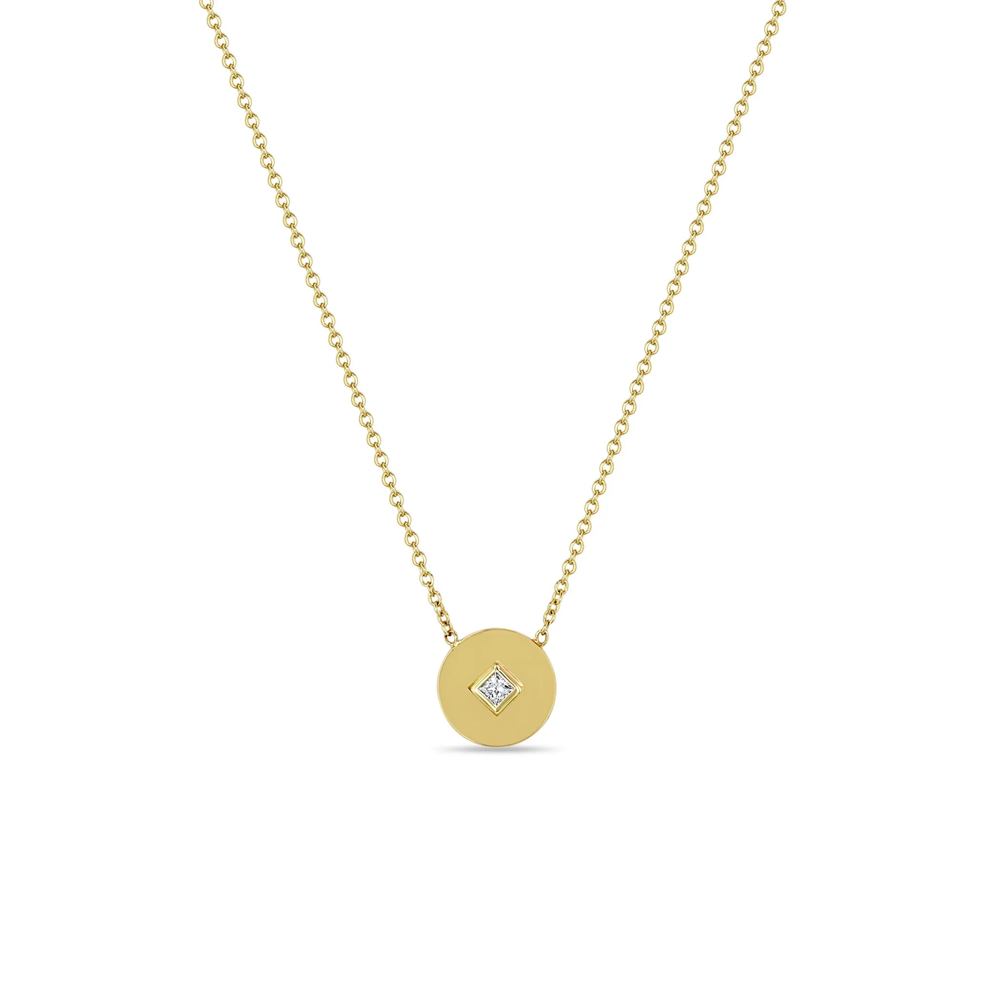 14k Princess Diamond Small Disc Pendant Necklace