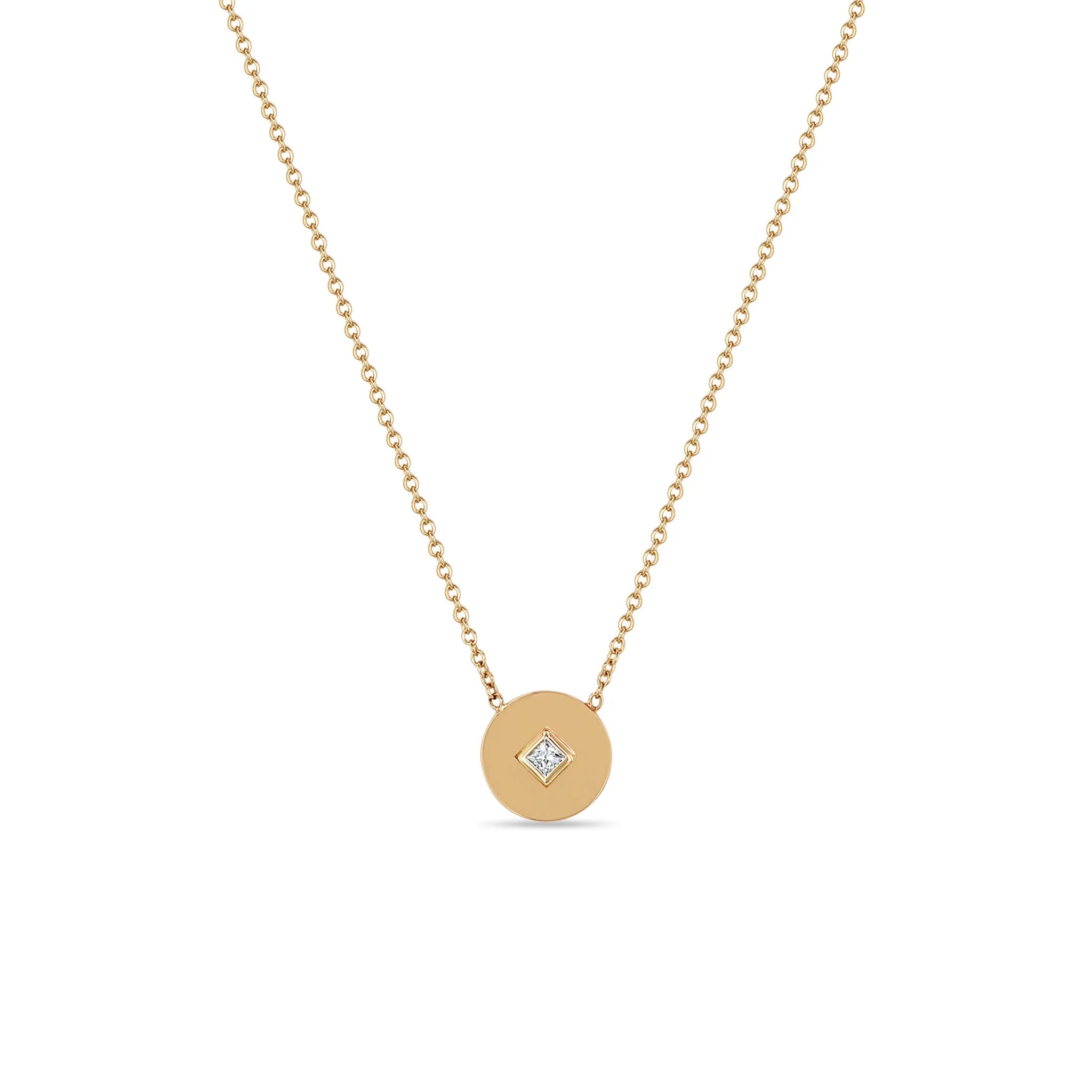 14k Princess Diamond Small Disc Pendant Necklace