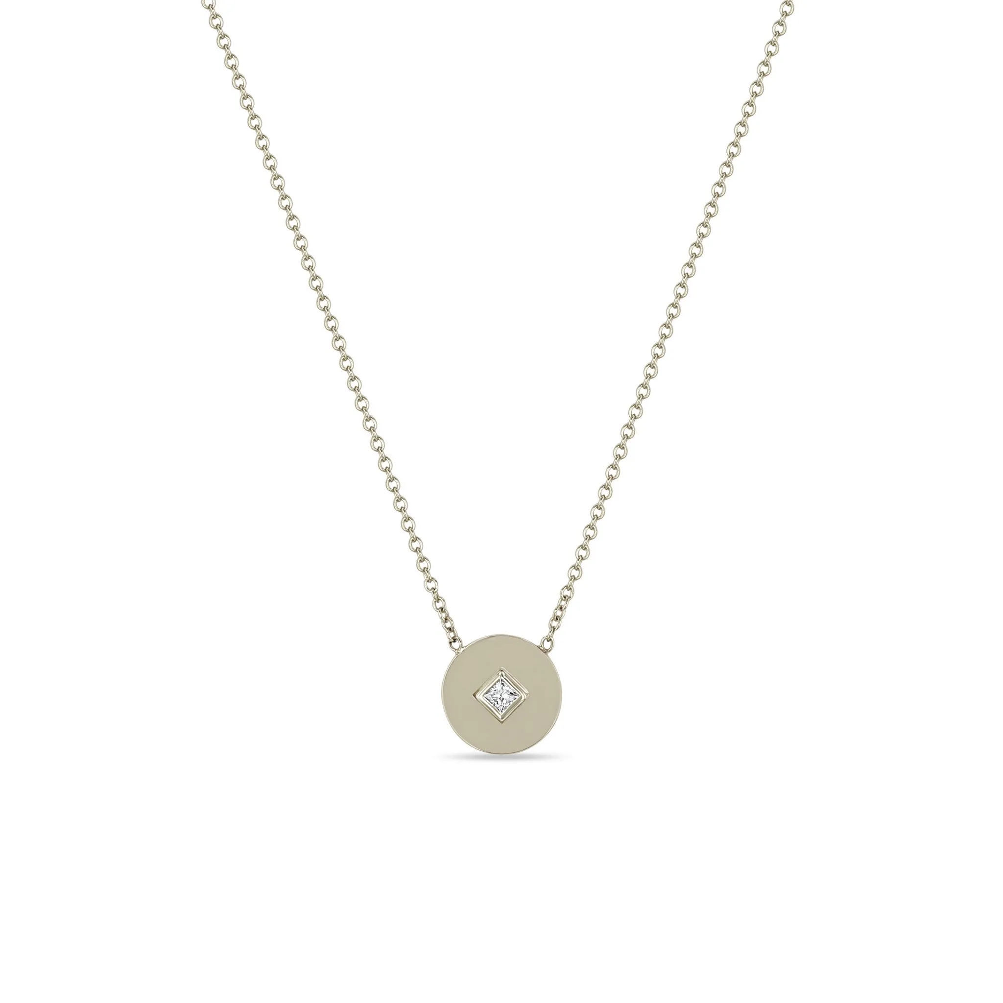 14k Princess Diamond Small Disc Pendant Necklace