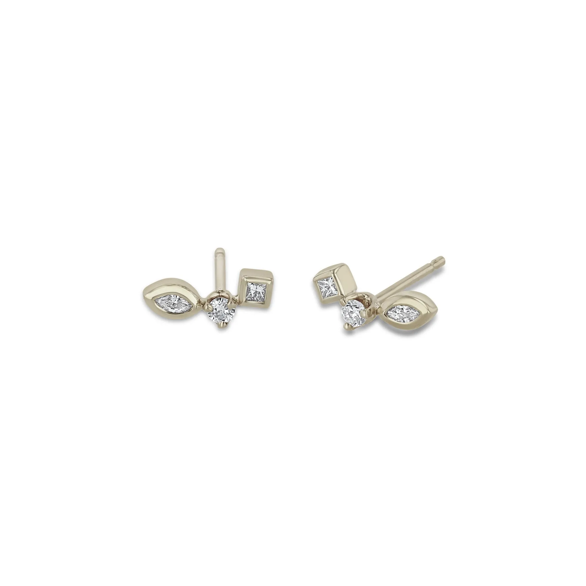 14k Small Mixed Cut Diamond Curved Studs