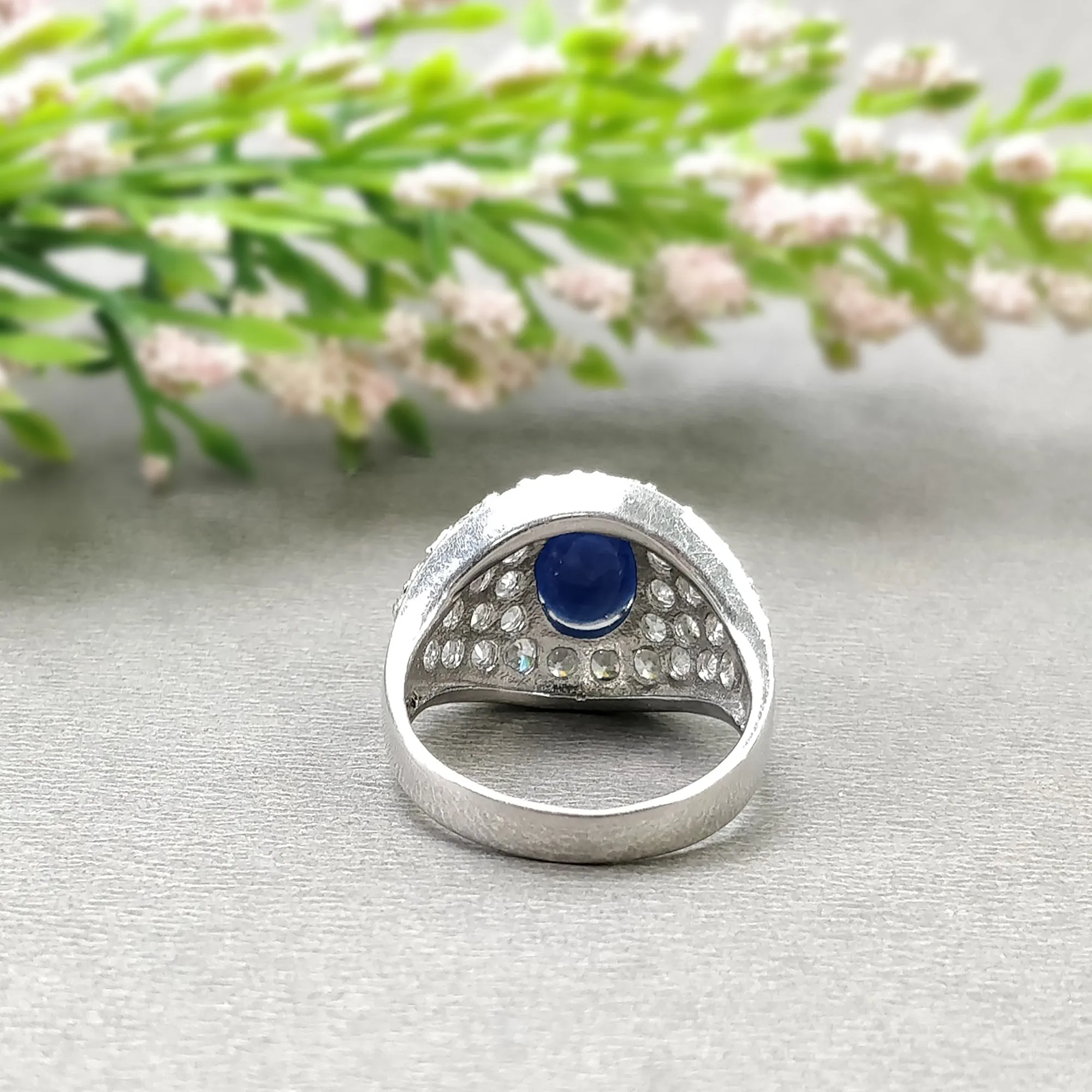 925 Sterling Silver RING : Natural Blue SAPPHIRE Gemstone With CZ Round Normal Cut Prong Set Fine Statement Unisex Ring 6.75US