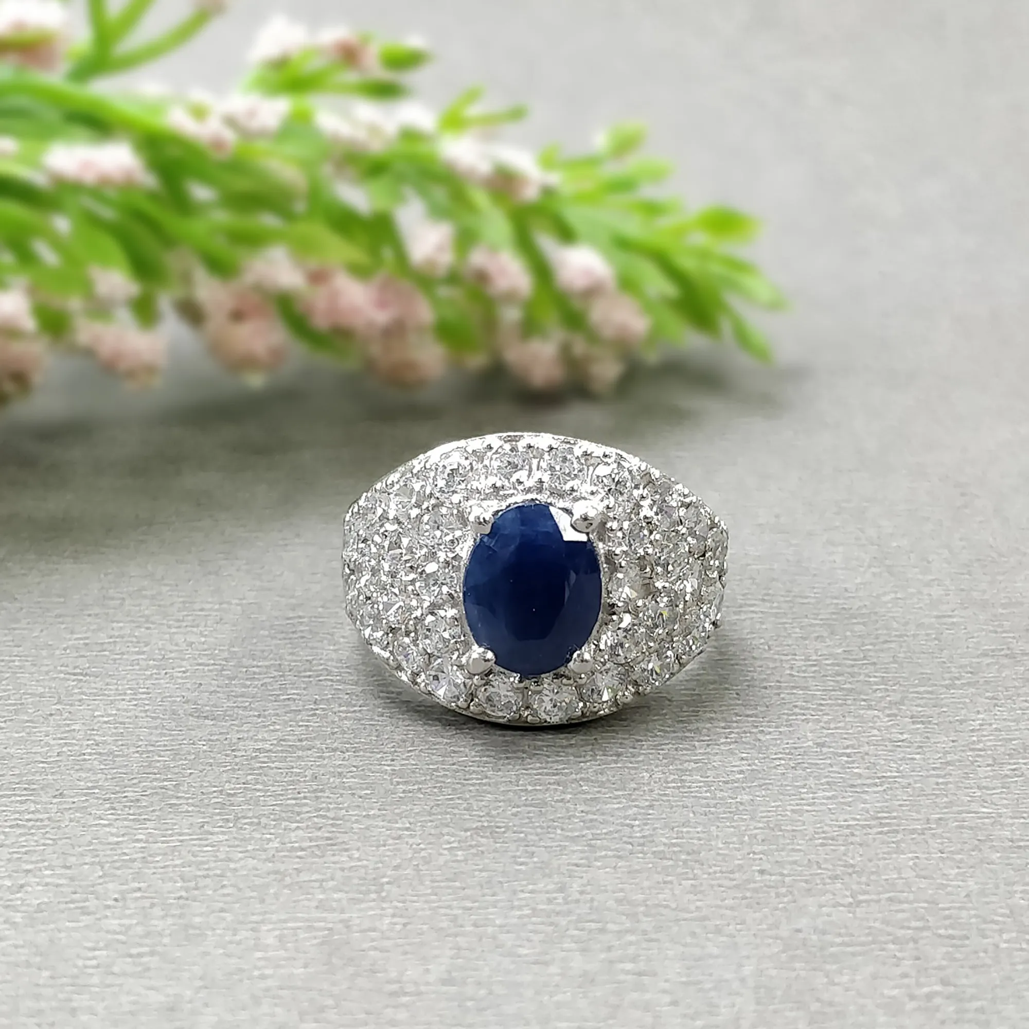 925 Sterling Silver RING : Natural Blue SAPPHIRE Gemstone With CZ Round Normal Cut Prong Set Fine Statement Unisex Ring 6.75US