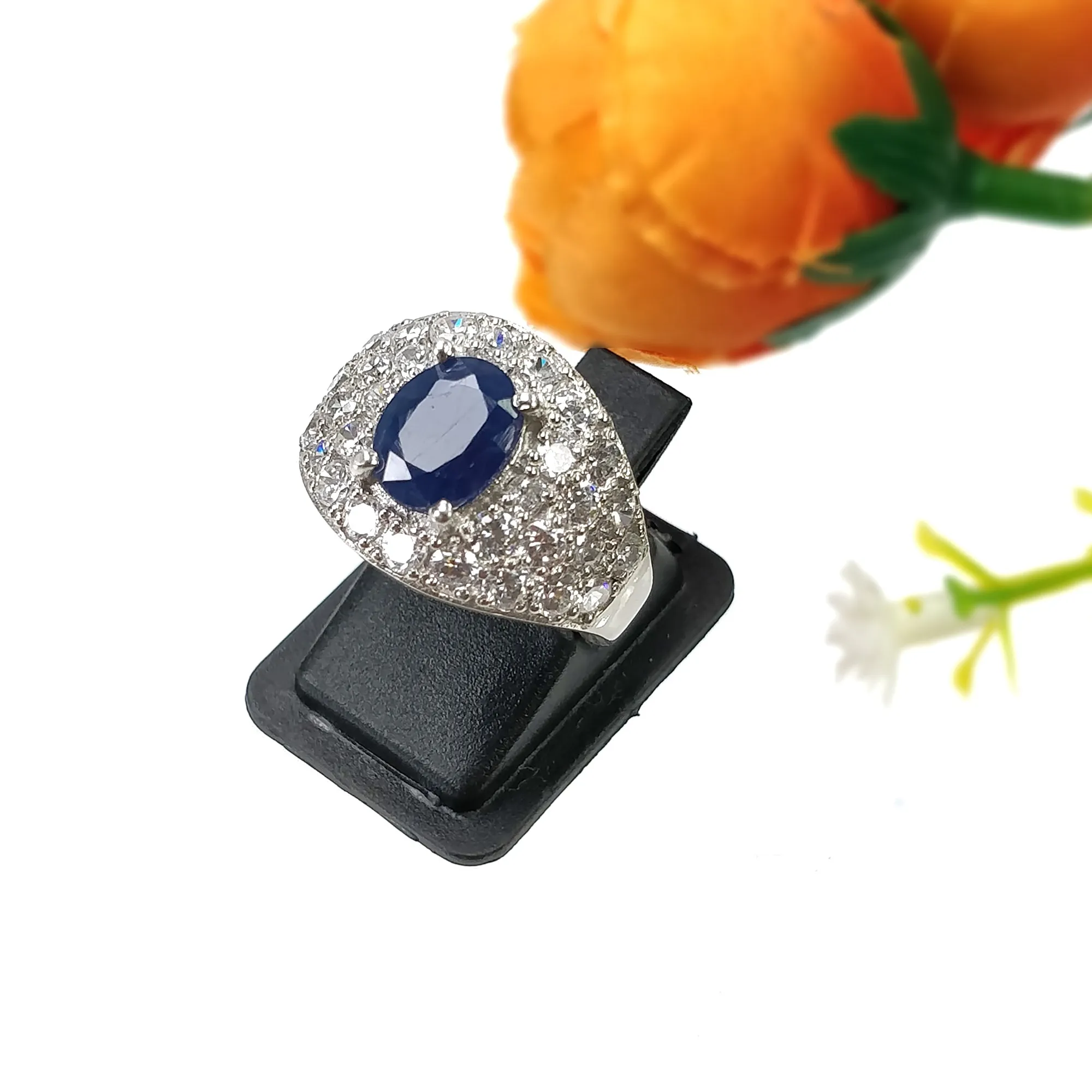 925 Sterling Silver RING : Natural Blue SAPPHIRE Gemstone With CZ Round Normal Cut Prong Set Fine Statement Unisex Ring 6.75US