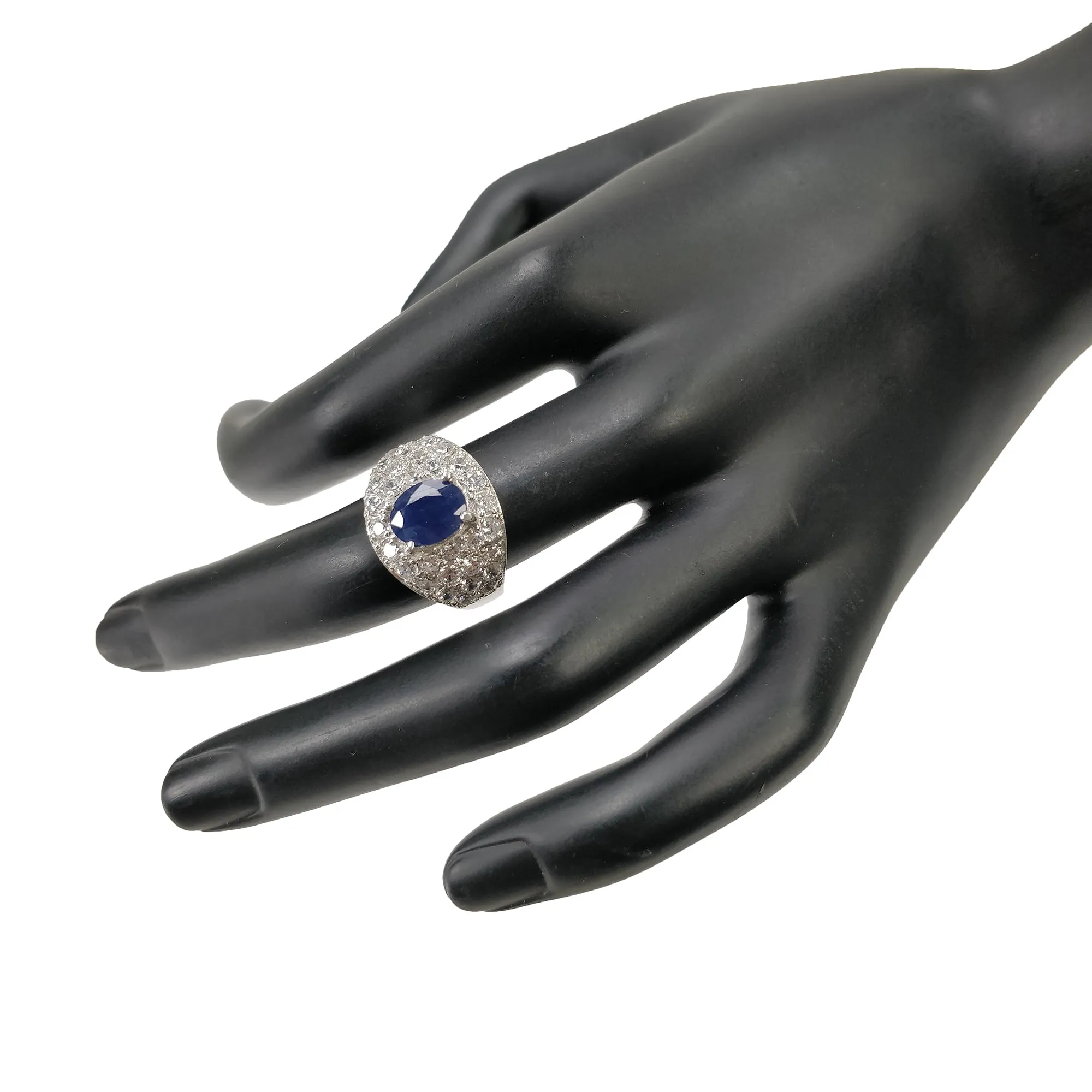 925 Sterling Silver RING : Natural Blue SAPPHIRE Gemstone With CZ Round Normal Cut Prong Set Fine Statement Unisex Ring 6.75US