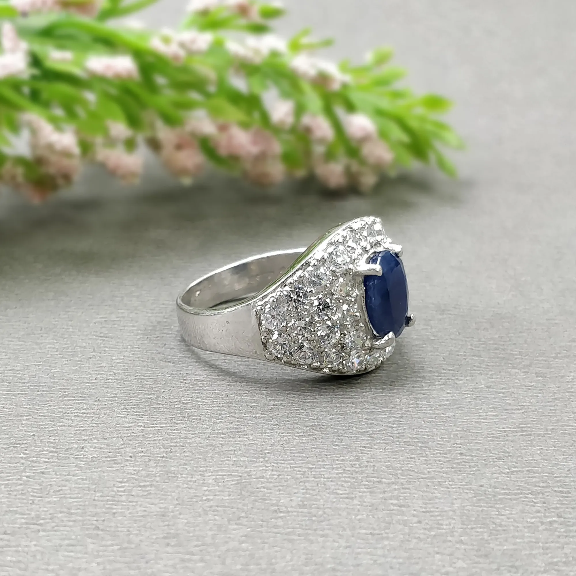 925 Sterling Silver RING : Natural Blue SAPPHIRE Gemstone With CZ Round Normal Cut Prong Set Fine Statement Unisex Ring 6.75US