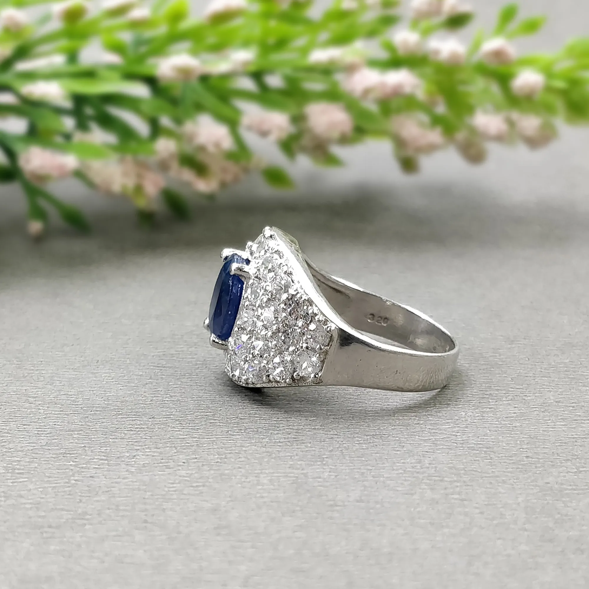 925 Sterling Silver RING : Natural Blue SAPPHIRE Gemstone With CZ Round Normal Cut Prong Set Fine Statement Unisex Ring 6.75US