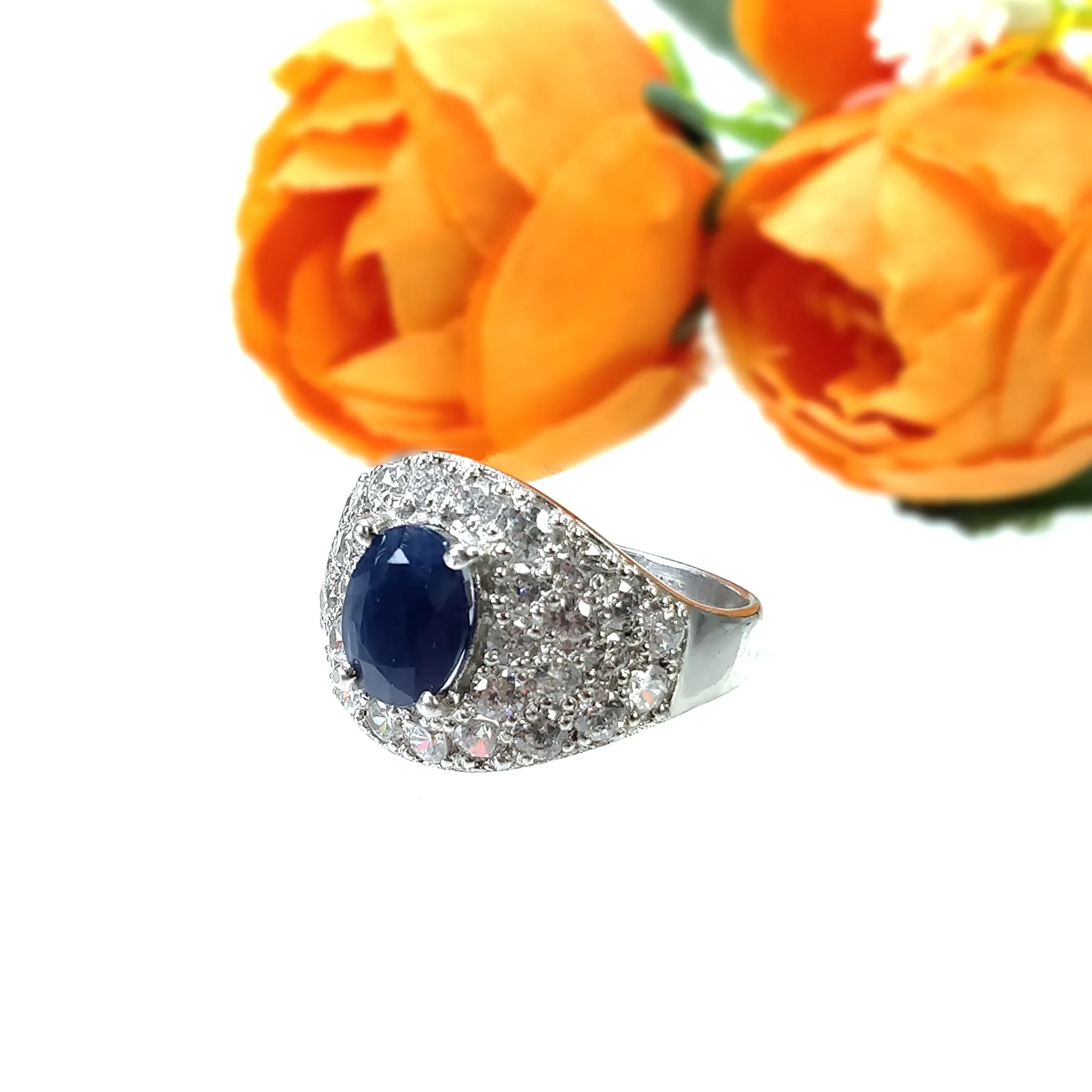 925 Sterling Silver RING : Natural Blue SAPPHIRE Gemstone With CZ Round Normal Cut Prong Set Fine Statement Unisex Ring 6.75US