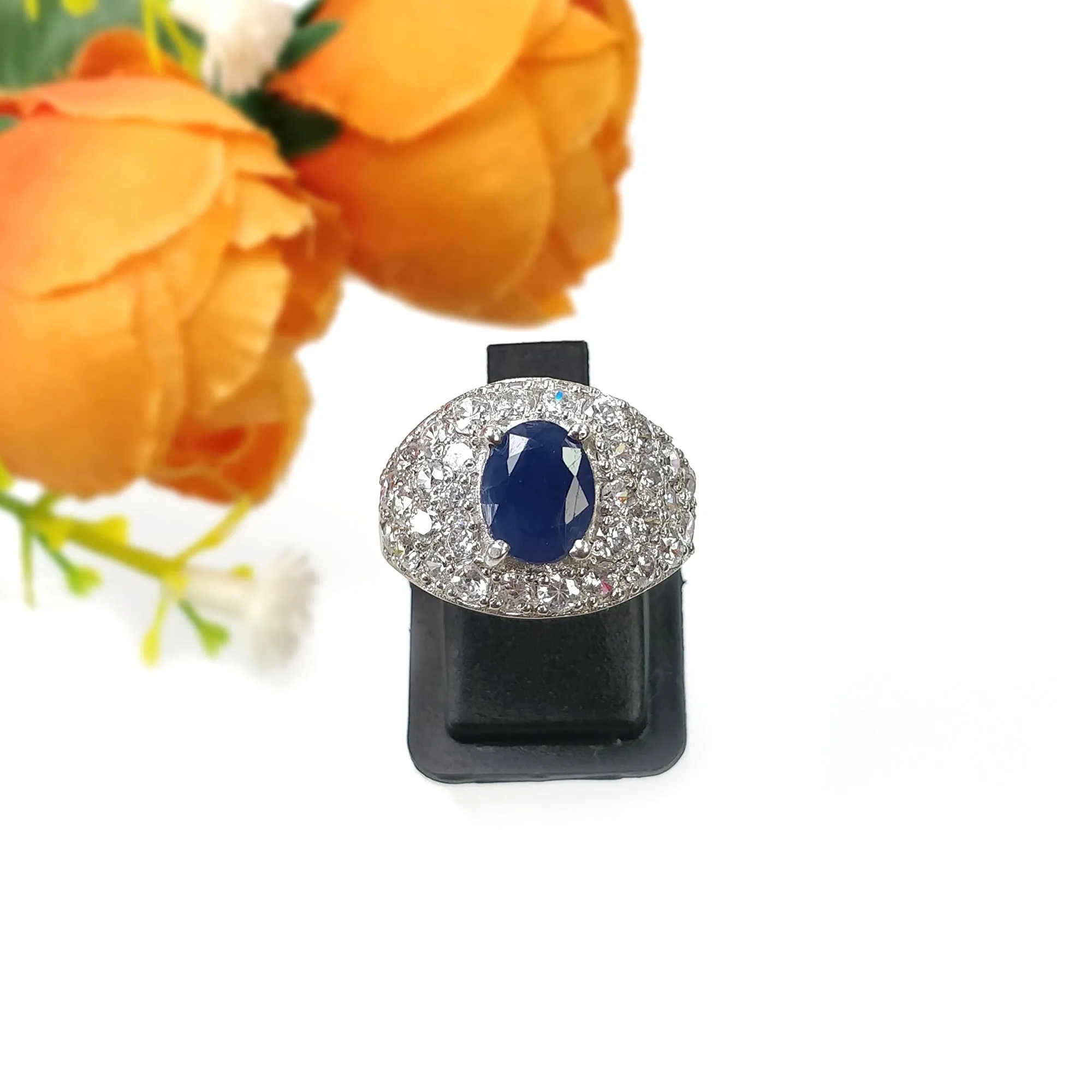 925 Sterling Silver RING : Natural Blue SAPPHIRE Gemstone With CZ Round Normal Cut Prong Set Fine Statement Unisex Ring 6.75US