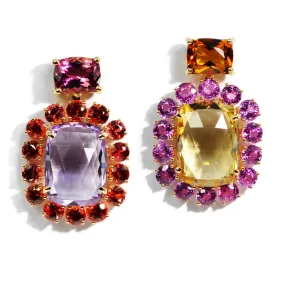 A & Furst - Sole - Mismatched Drop Earrings with Pink Sapphires, Orange Sapphires, Pink Tourmaline, Citrine and Rose de France, 18k Yellow Gold