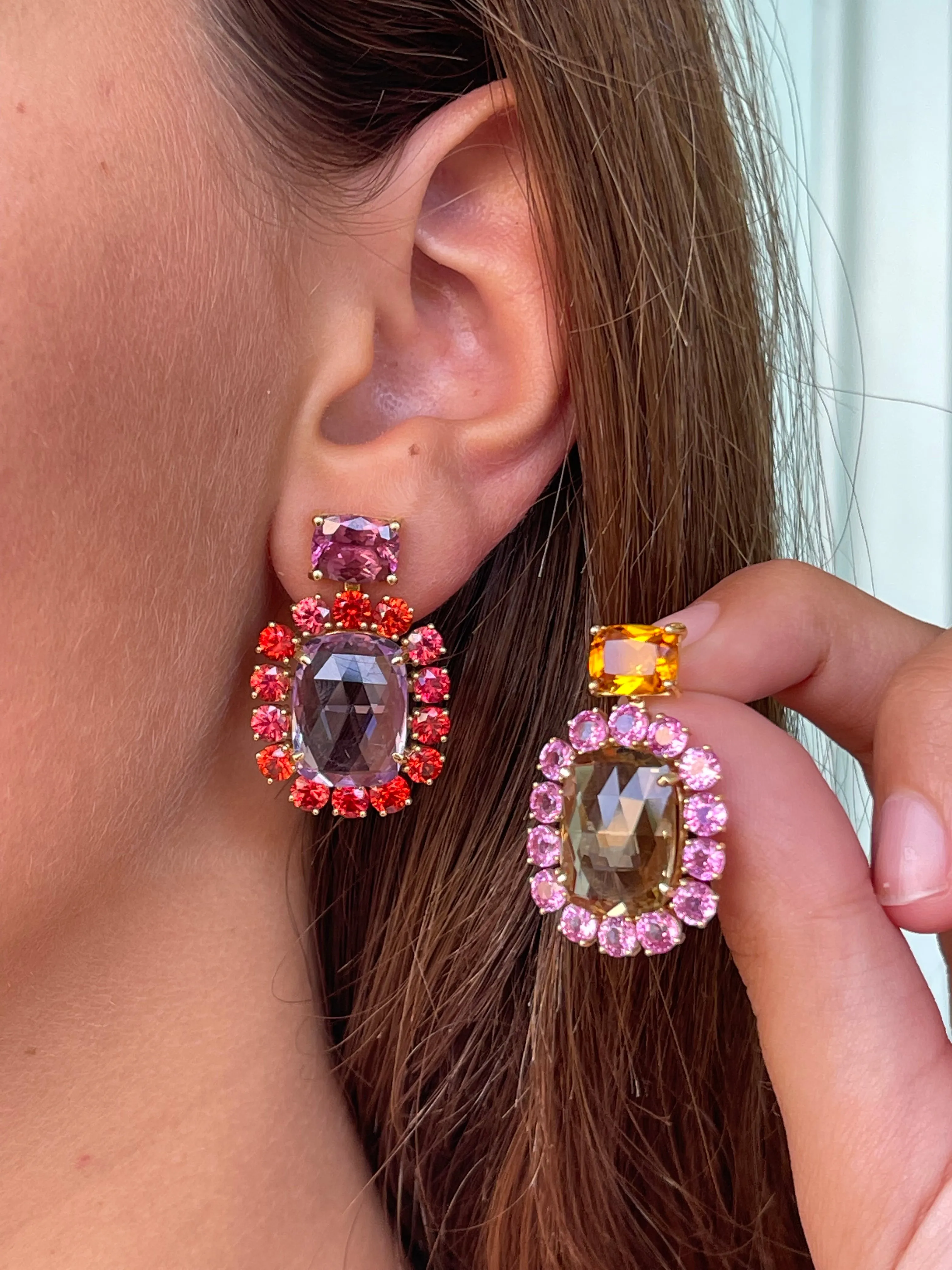 A & Furst - Sole - Mismatched Drop Earrings with Pink Sapphires, Orange Sapphires, Pink Tourmaline, Citrine and Rose de France, 18k Yellow Gold