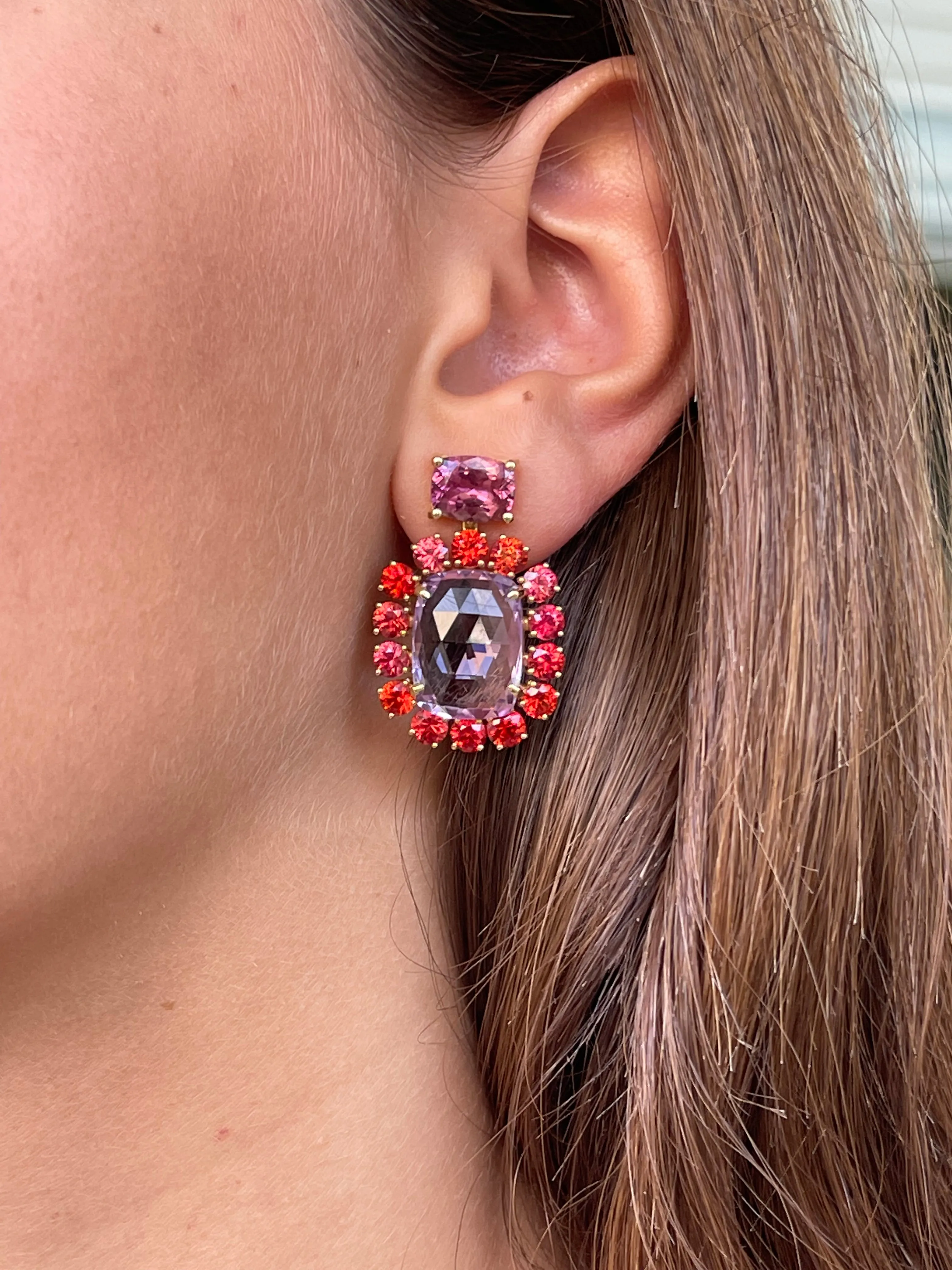 A & Furst - Sole - Mismatched Drop Earrings with Pink Sapphires, Orange Sapphires, Pink Tourmaline, Citrine and Rose de France, 18k Yellow Gold