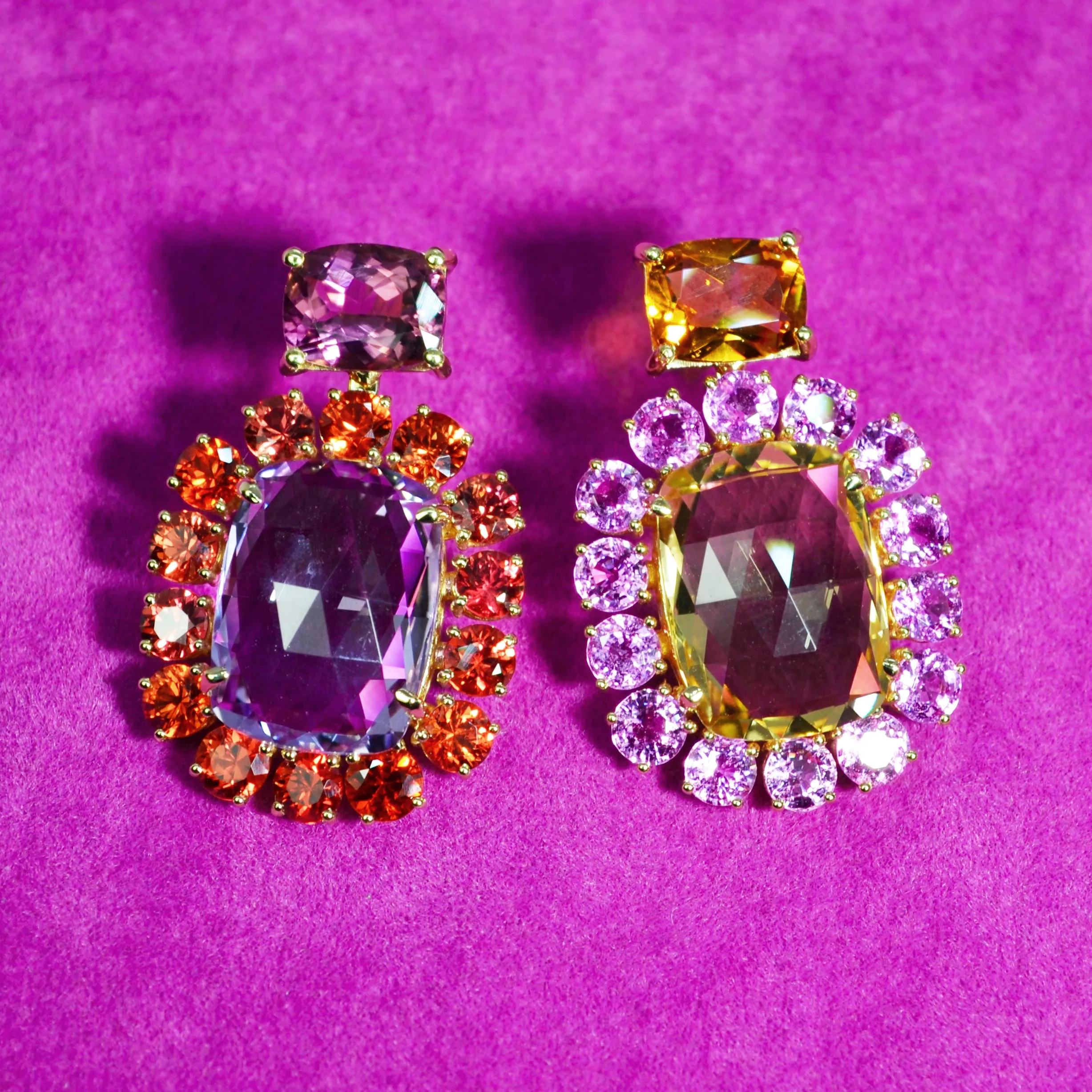 A & Furst - Sole - Mismatched Drop Earrings with Pink Sapphires, Orange Sapphires, Pink Tourmaline, Citrine and Rose de France, 18k Yellow Gold