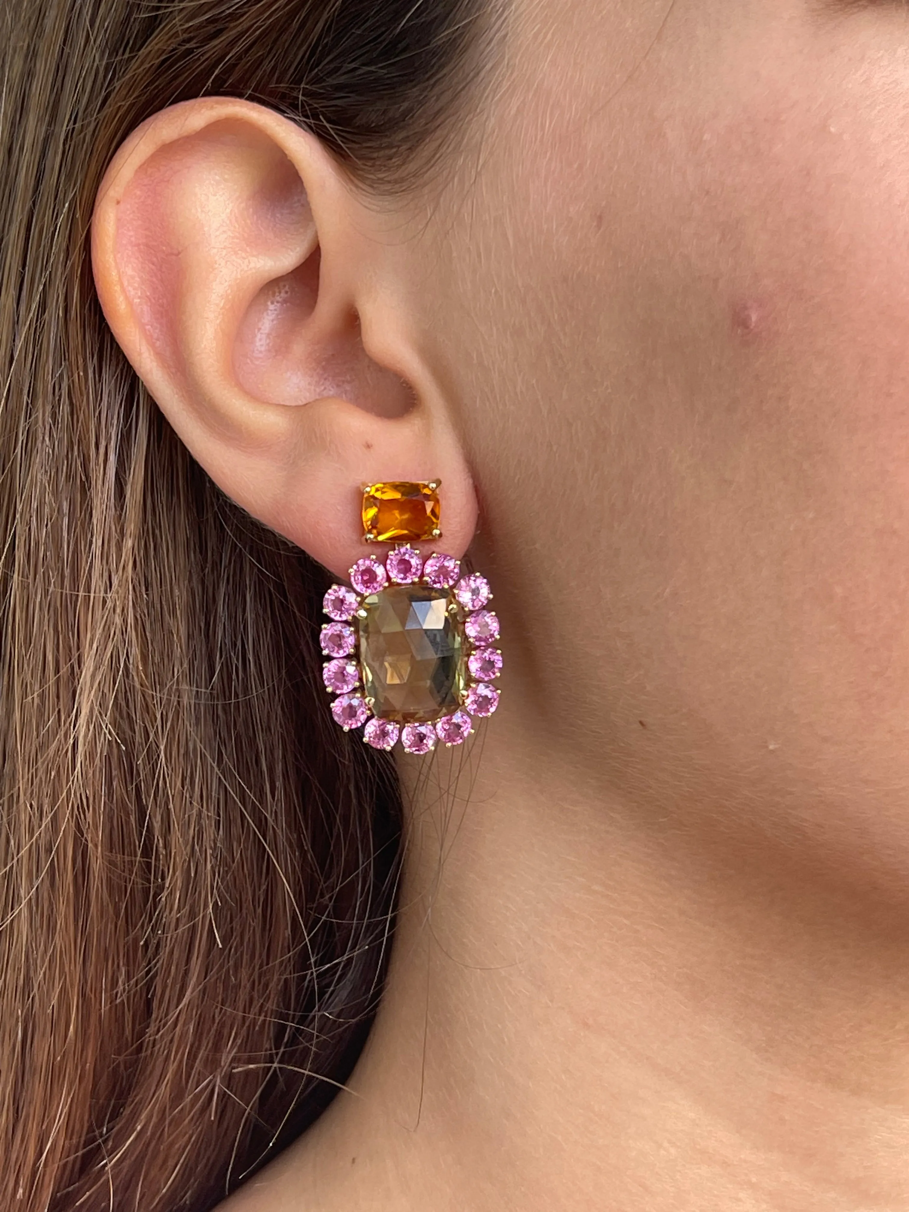 A & Furst - Sole - Mismatched Drop Earrings with Pink Sapphires, Orange Sapphires, Pink Tourmaline, Citrine and Rose de France, 18k Yellow Gold