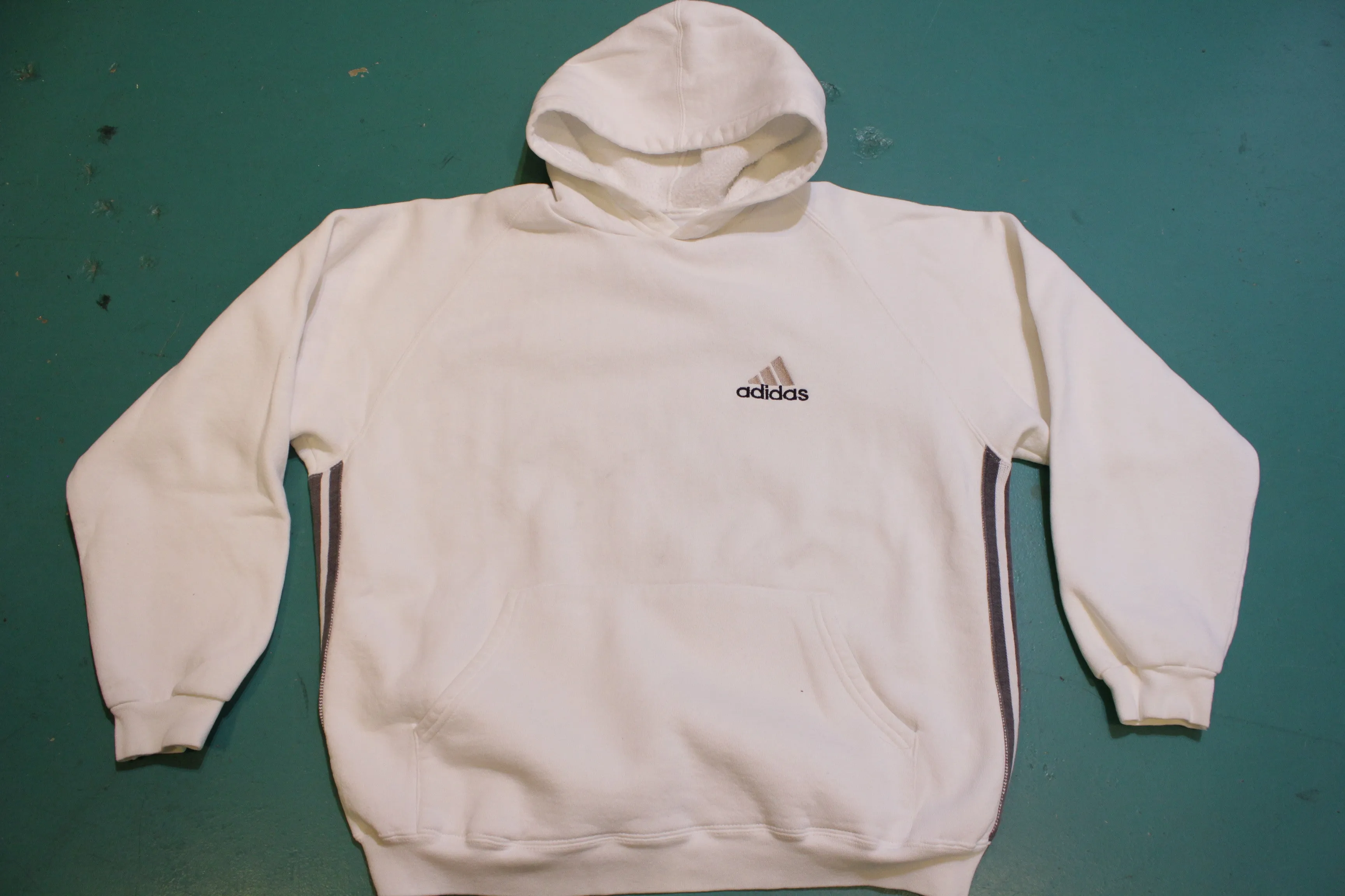 Adidas White Striped Made in USA Vintage 90's Crewneck Hoodie Sweatshirt