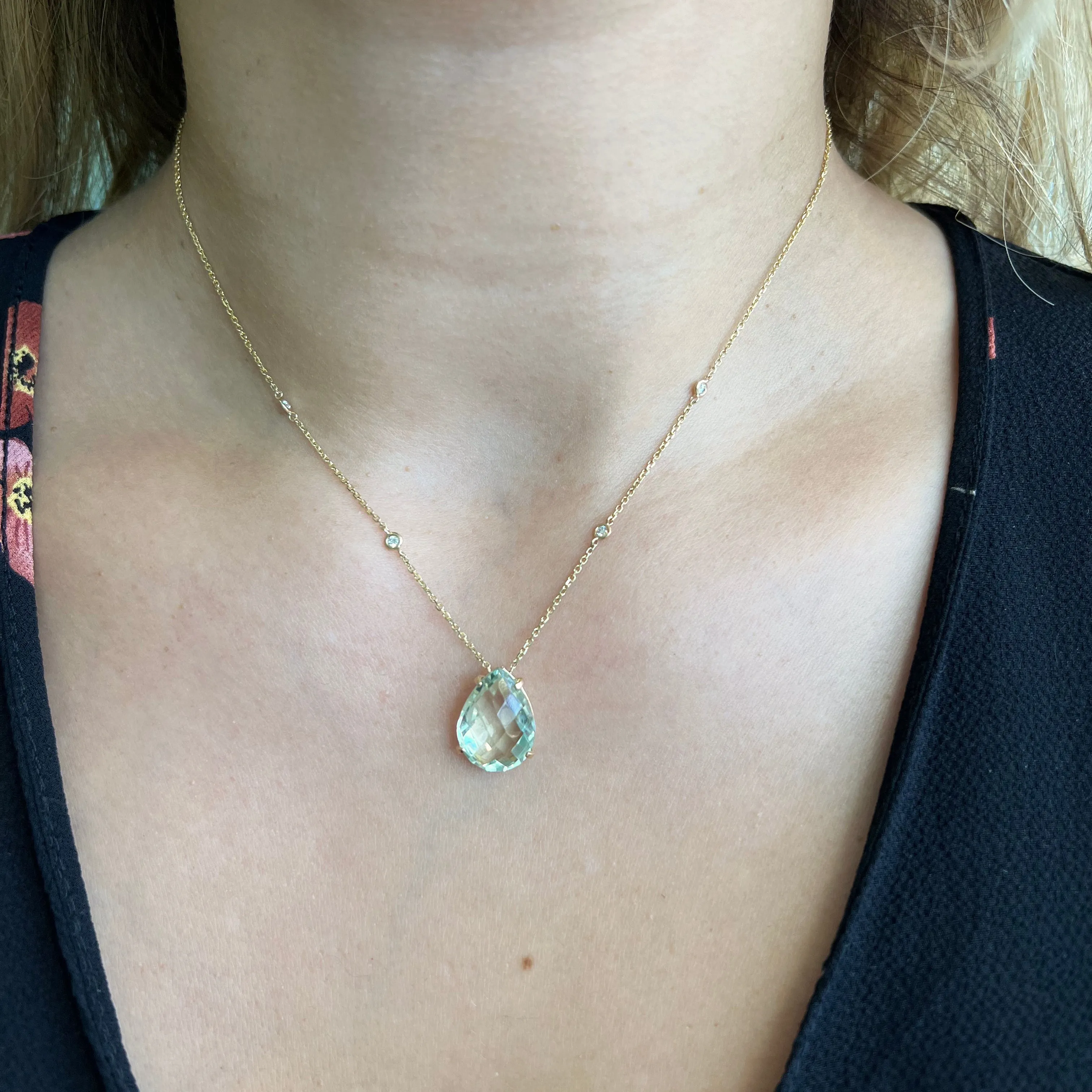 AFJ Gemstone Collection - Teardrop Pendant Necklace with Prasiolite, Yellow Gold