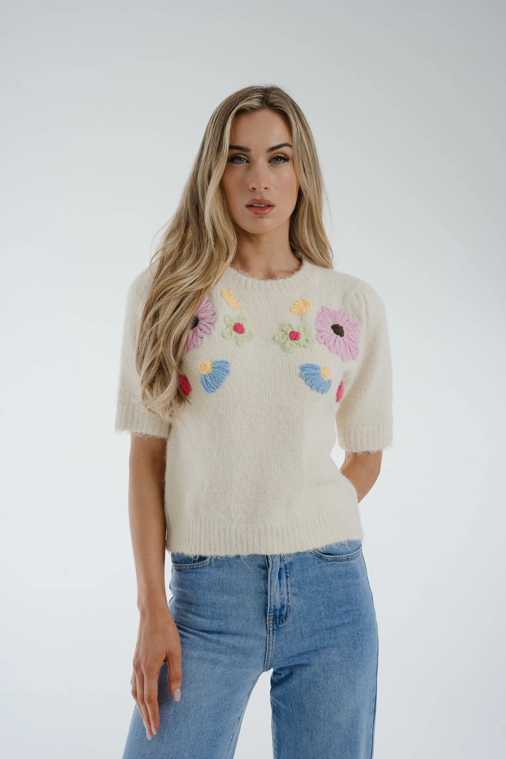 Ally Embroidered Floral Jumper In Cream