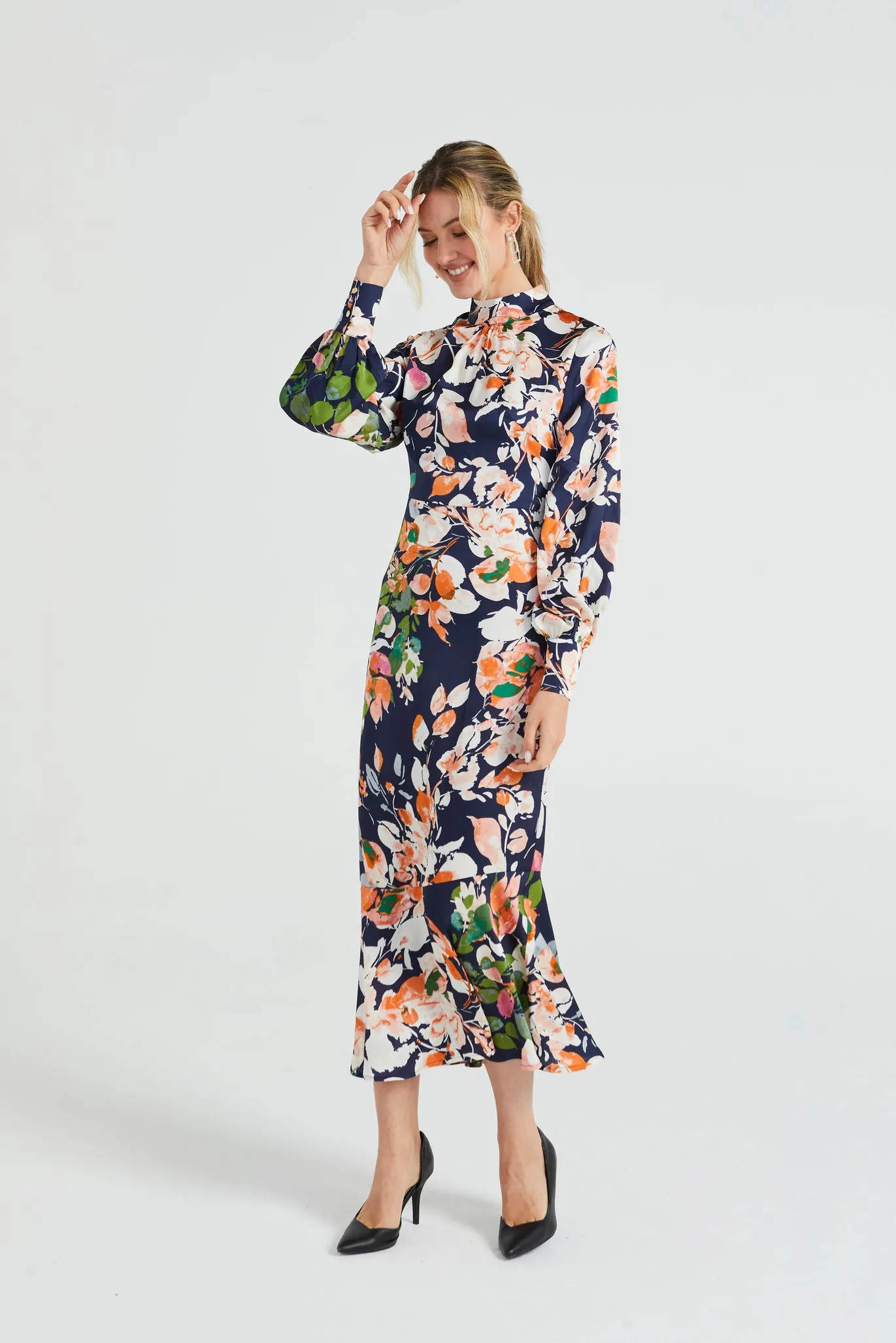 Angeleye Long Satin High Neck Tea Dress In Navy Floral Print