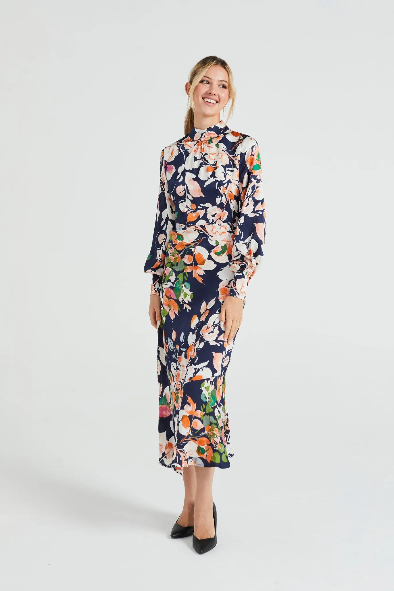 Angeleye Long Satin High Neck Tea Dress In Navy Floral Print