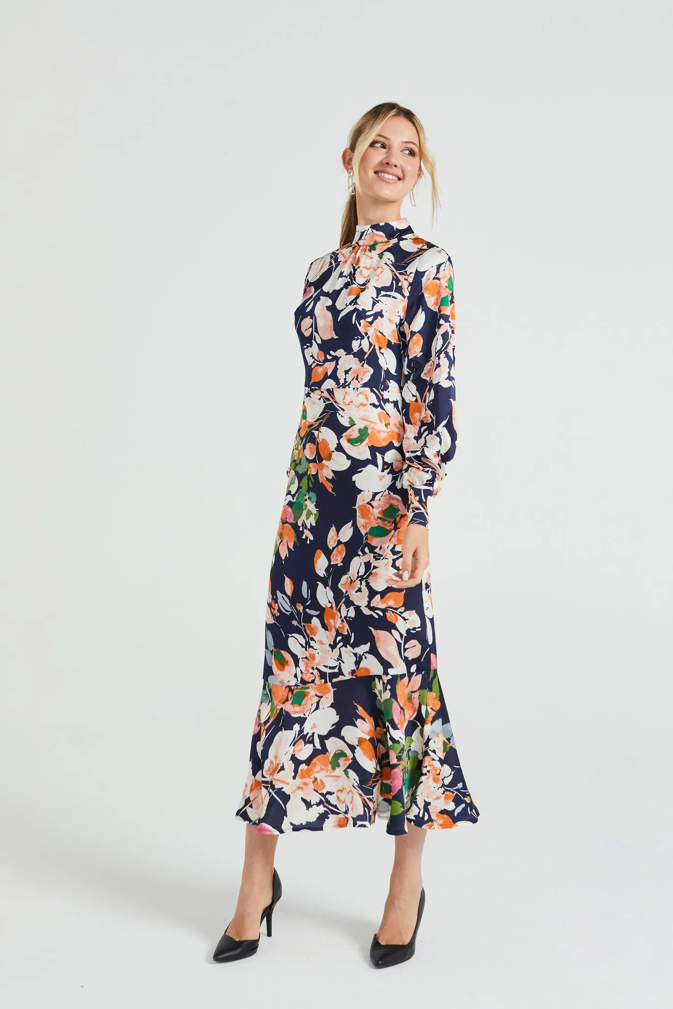 Angeleye Long Satin High Neck Tea Dress In Navy Floral Print