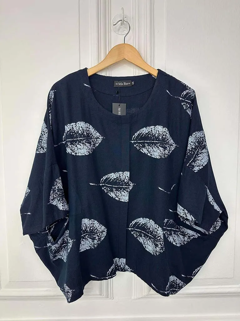 Bella Blue Leaf Print Pocket Top - Navy