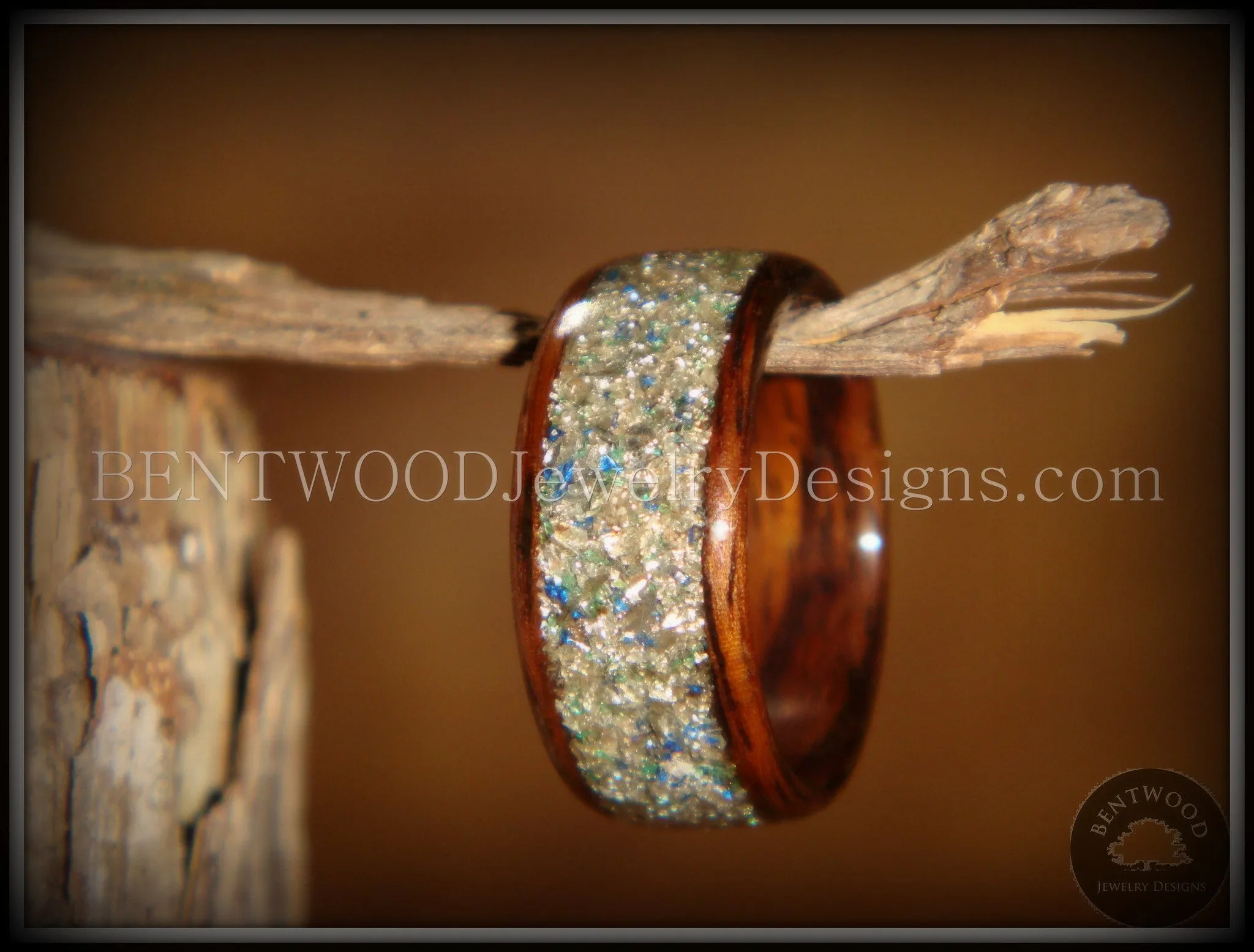 Bentwood Ring - Rosewood Wooden Ring with Silver, Green and Blue Glass Inlay