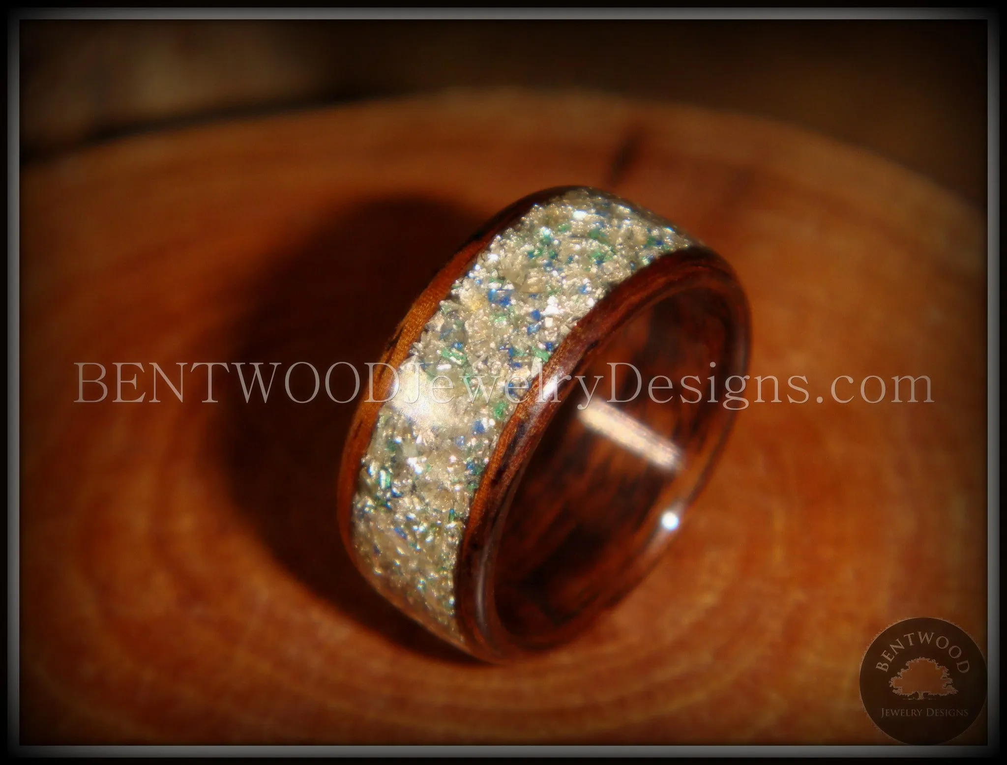 Bentwood Ring - Rosewood Wooden Ring with Silver, Green and Blue Glass Inlay