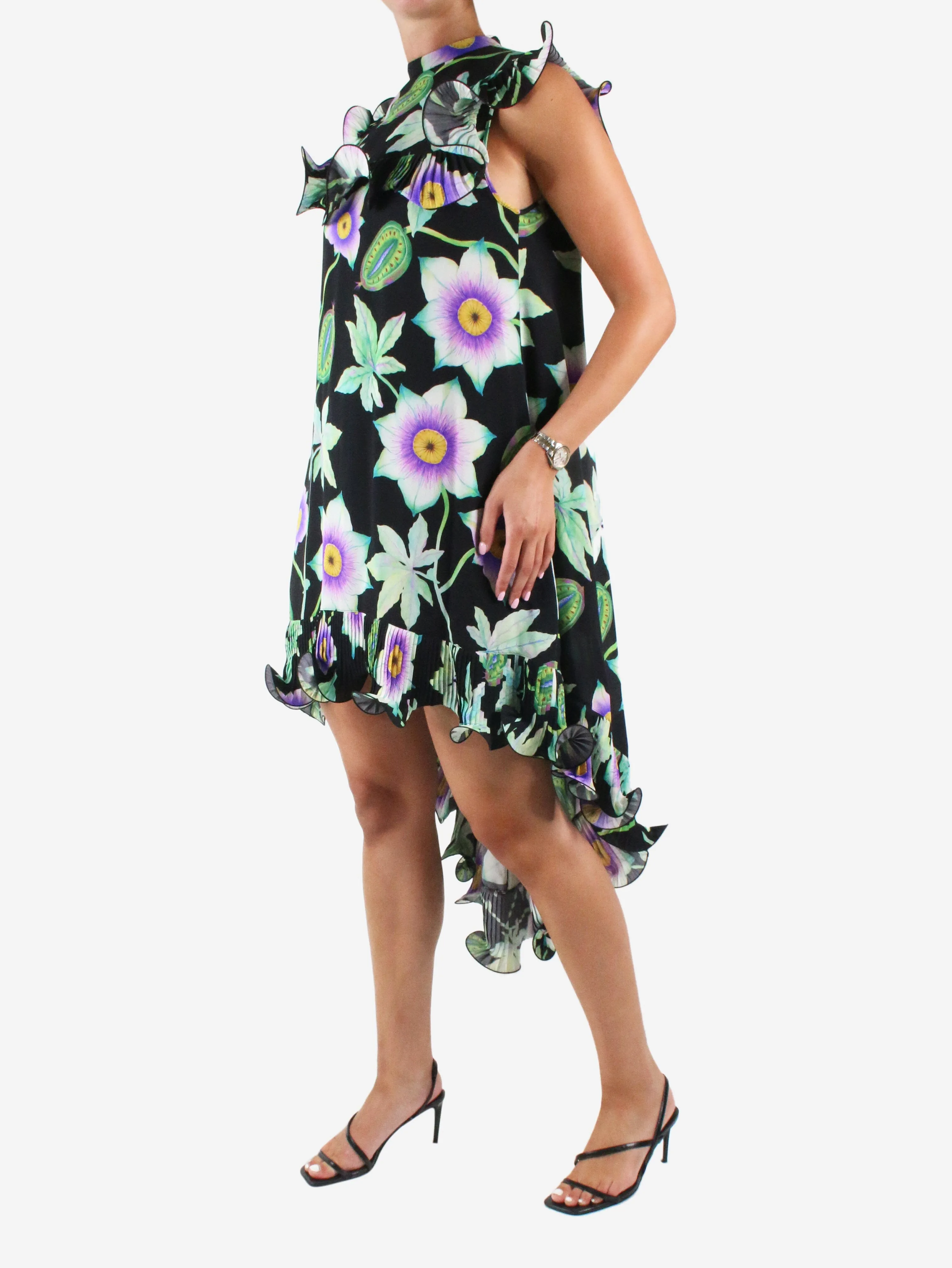 Black floral printed ruffle asymmetric dress - size FR 36