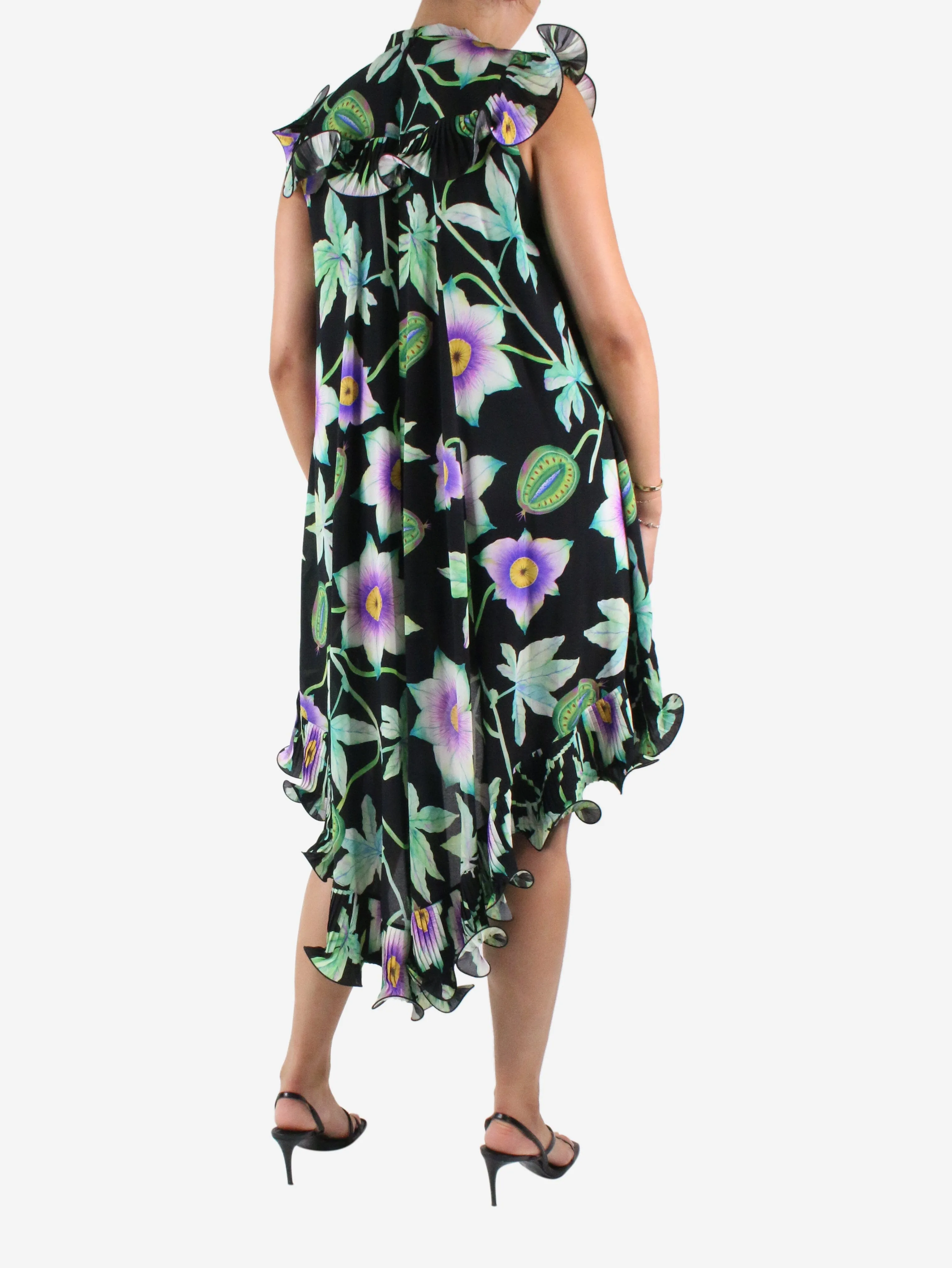 Black floral printed ruffle asymmetric dress - size FR 36