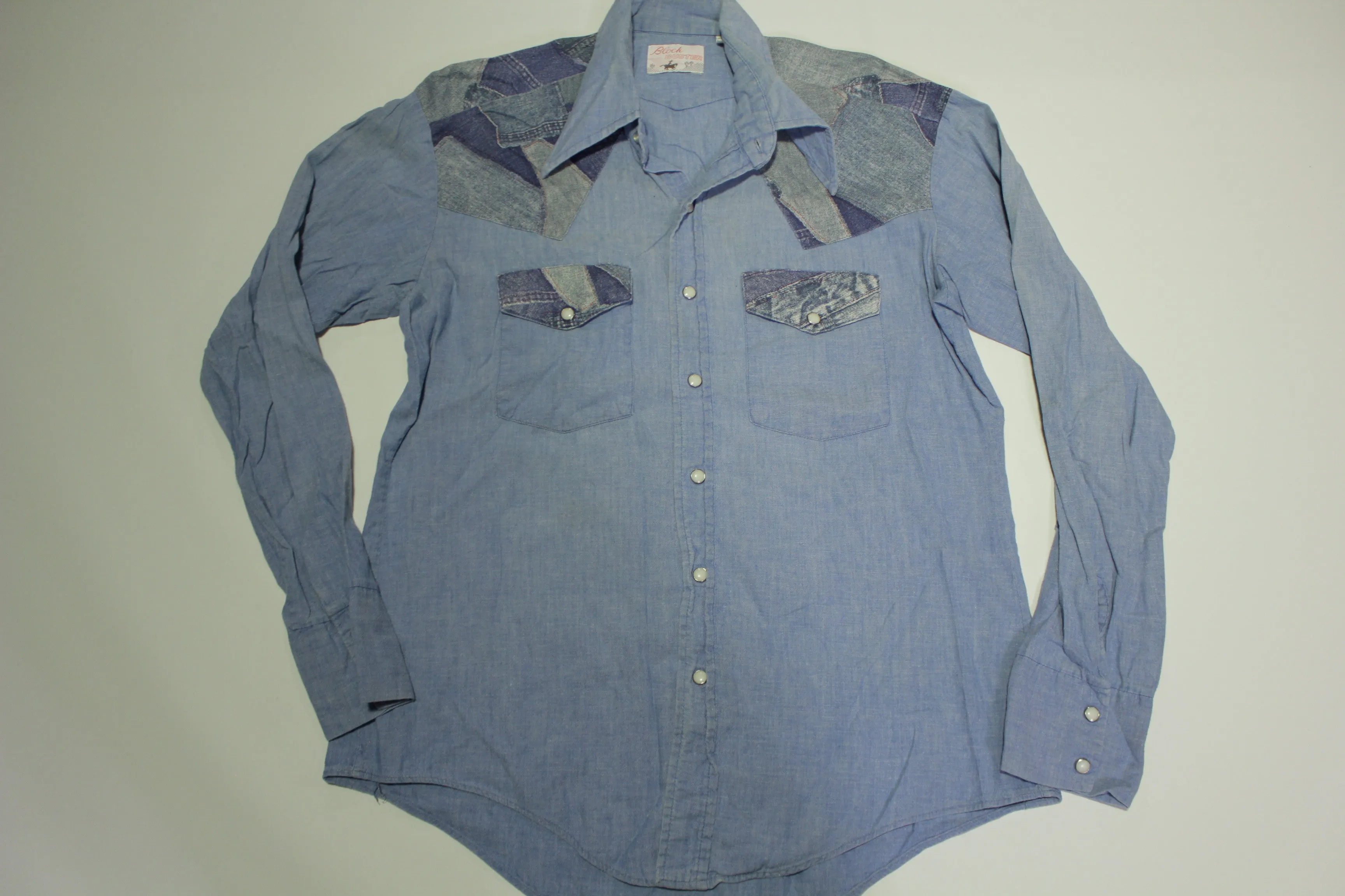 Block Buster Vintage 70's Chambray Denim Patchwork Hippie Pearl Snap Button Up Shirt