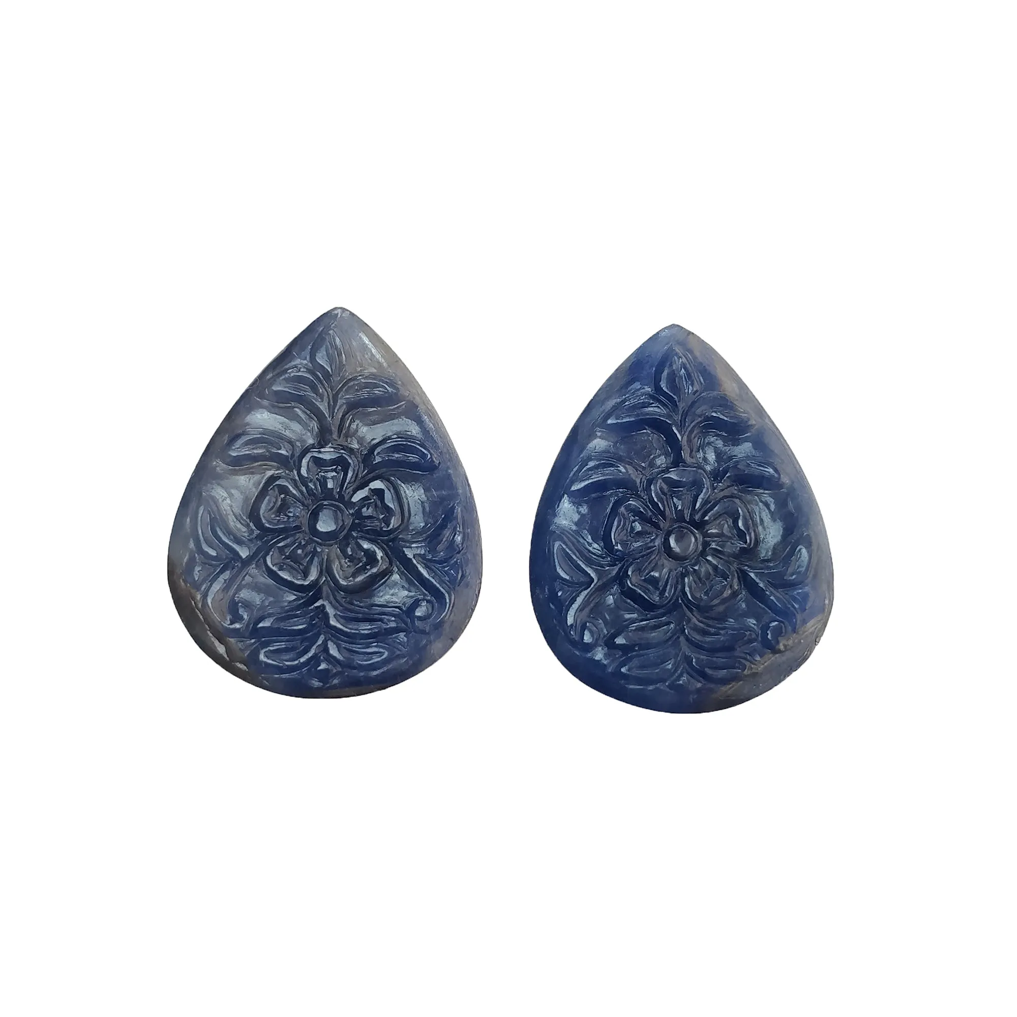 BLUE SAPPHIRE Gemstone Carving : 73.90cts Natural Untreated Sapphire Hand Carved Pear Shape 32*24mm Pair