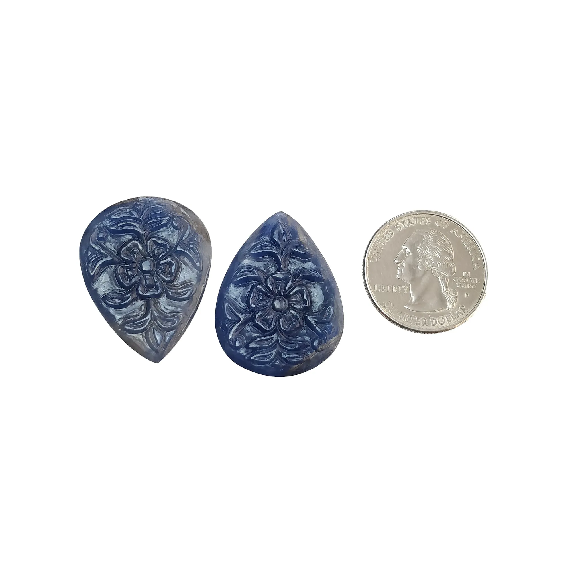 BLUE SAPPHIRE Gemstone Carving : 73.90cts Natural Untreated Sapphire Hand Carved Pear Shape 32*24mm Pair