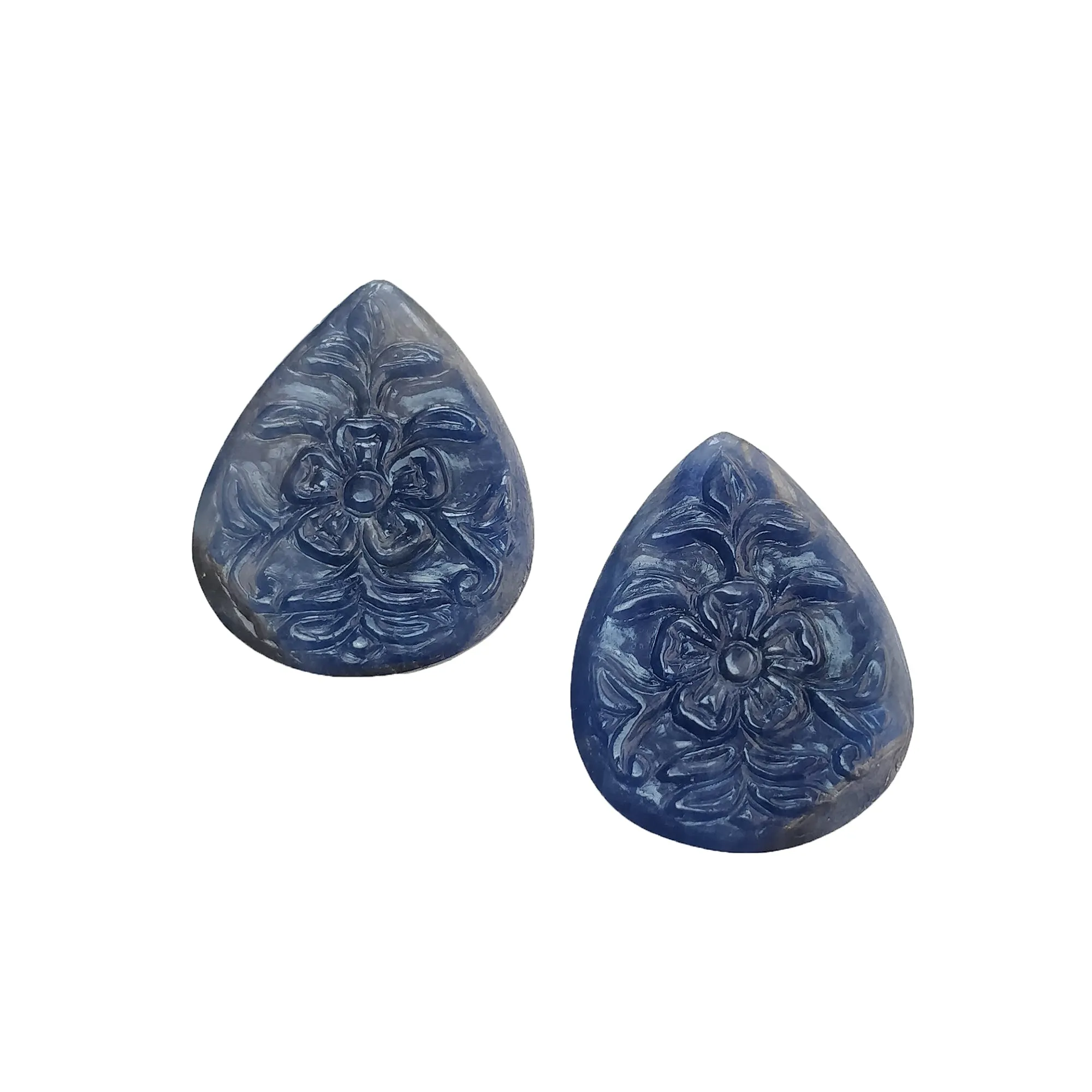 BLUE SAPPHIRE Gemstone Carving : 73.90cts Natural Untreated Sapphire Hand Carved Pear Shape 32*24mm Pair