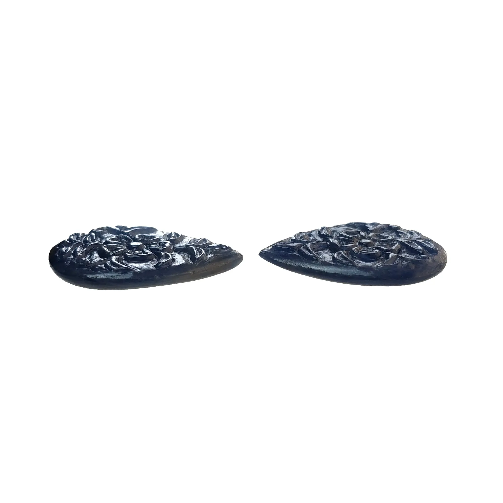 BLUE SAPPHIRE Gemstone Carving : 73.90cts Natural Untreated Sapphire Hand Carved Pear Shape 32*24mm Pair