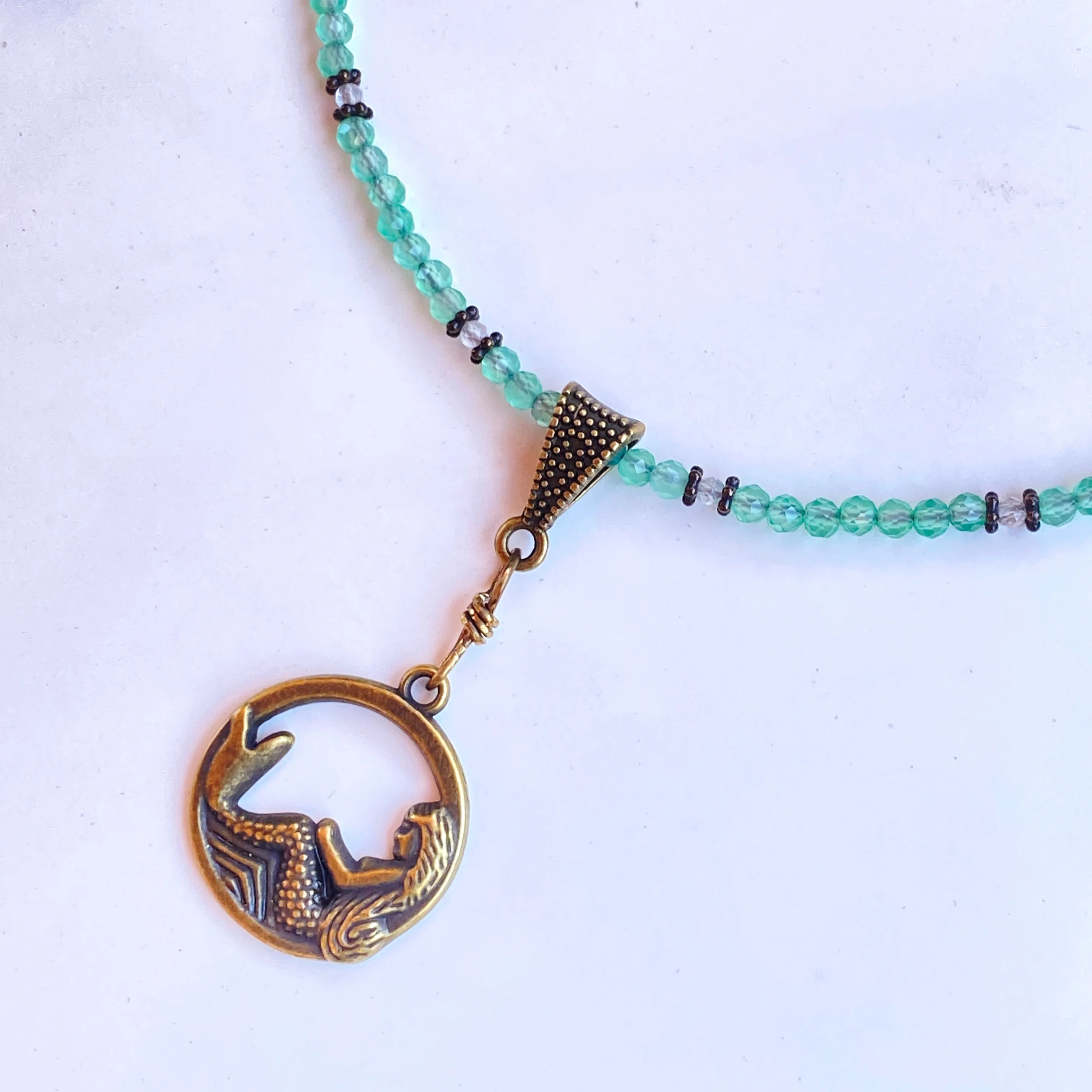 Brass Mermaid on Green Onyx and lemon topaz gemstone beaded necklace