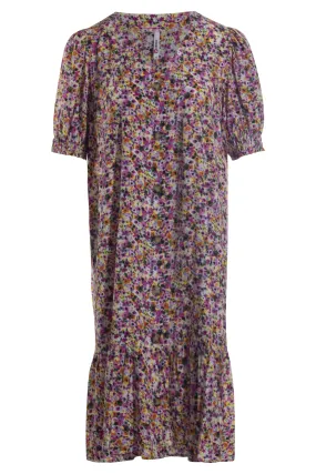 Button thru Viscose V neck Dress | Pink Multi Ditsy | 3344AR