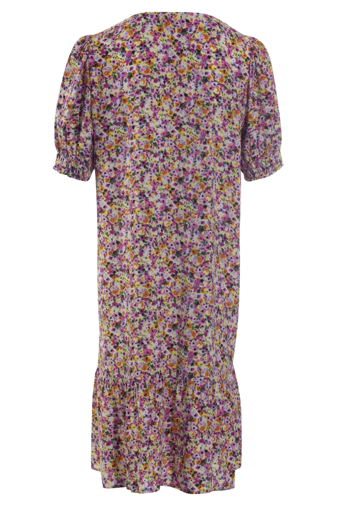 Button thru Viscose V neck Dress | Pink Multi Ditsy | 3344AR