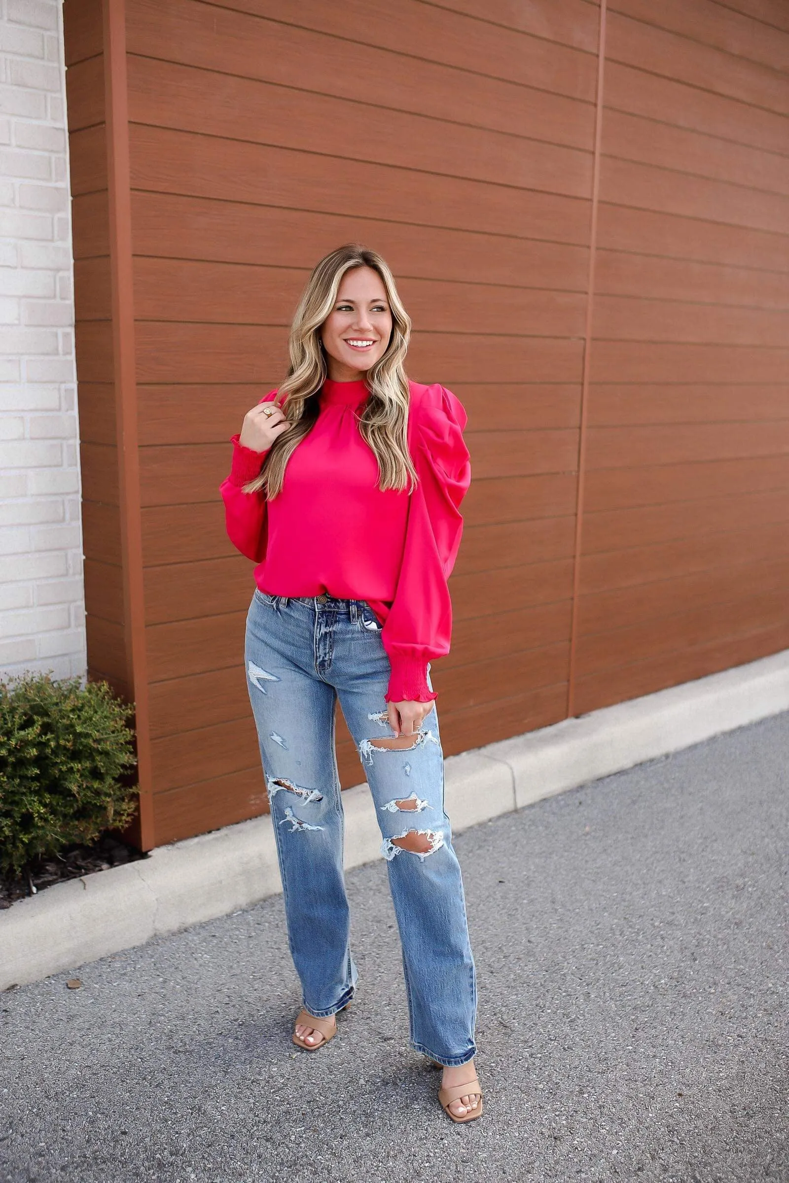 Comes from the Heart Mock Neck Blouse - Fuchsia