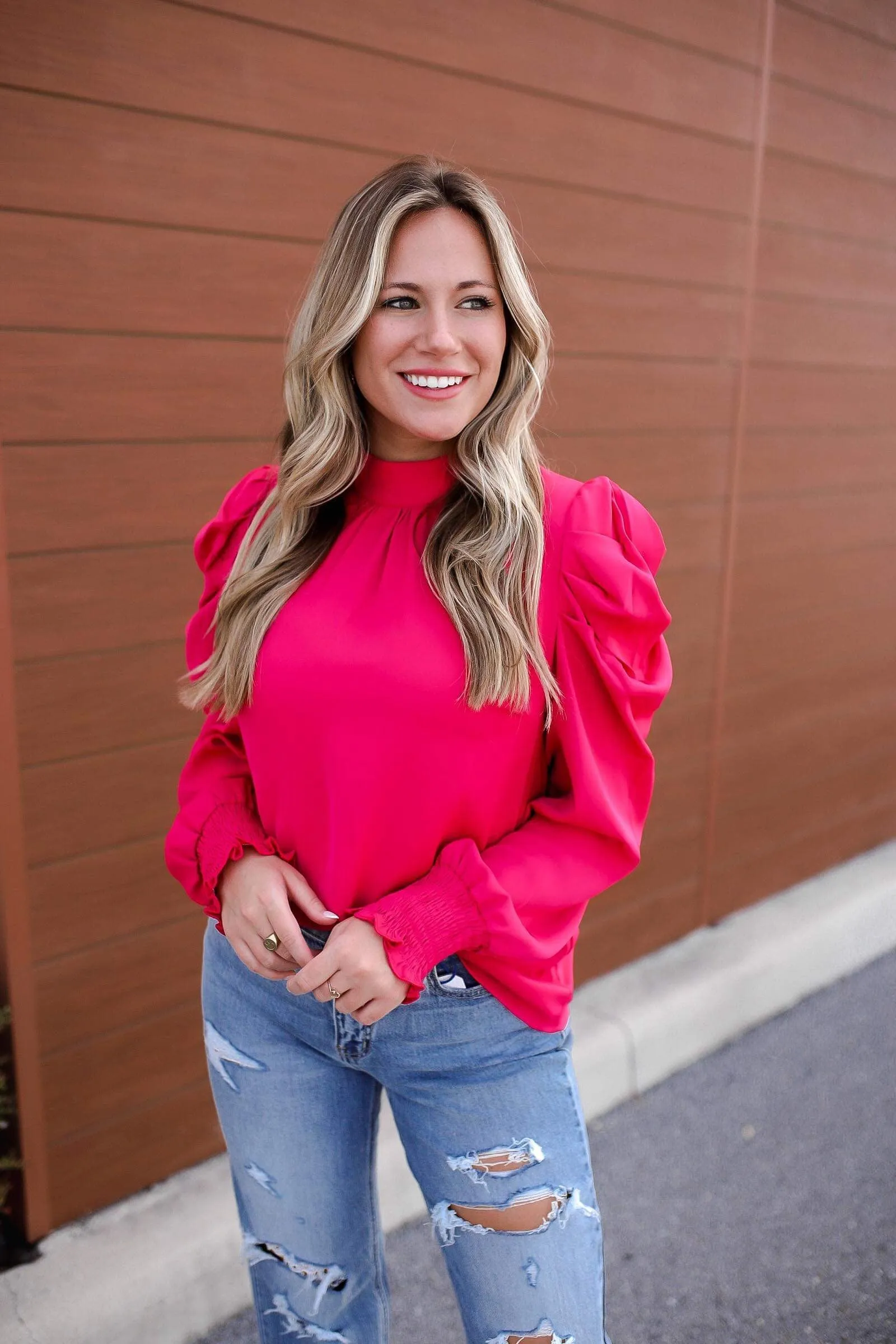 Comes from the Heart Mock Neck Blouse - Fuchsia