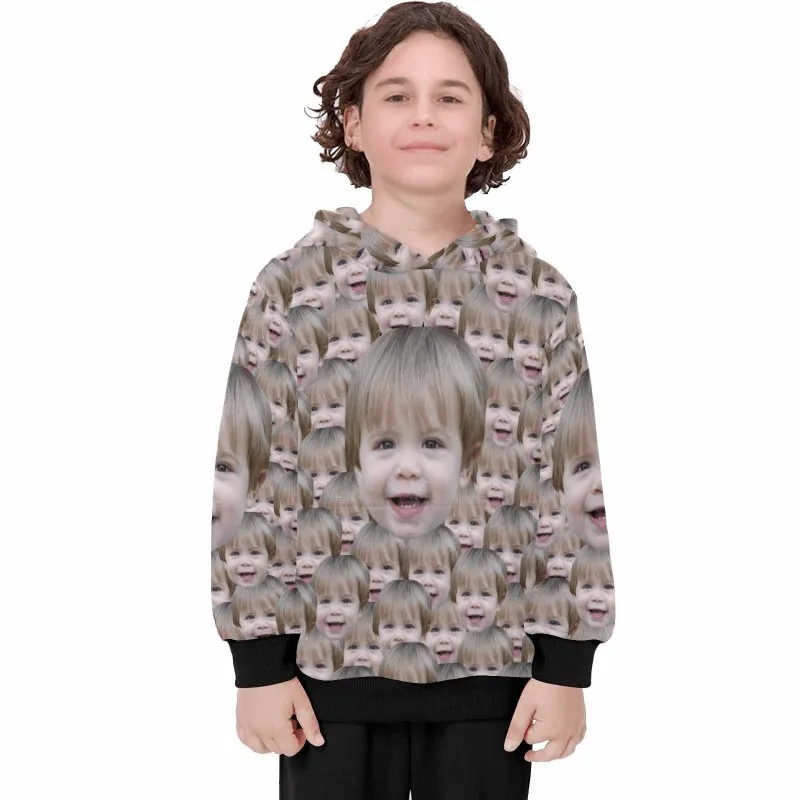 Custom Funny Face Kid's Long Sleeve Hoodie for 2-15Y Personalized Hooded Pullover Loose Hoodie