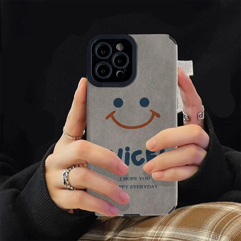 Cute Smiley Leather Phone Case for iPhone 12, 13 Mini, 11, 14 Pro, XS Max, X, XR, 6, 6s, 7, 8 Plus, SE 3, 2022, 11 Pro - Gray