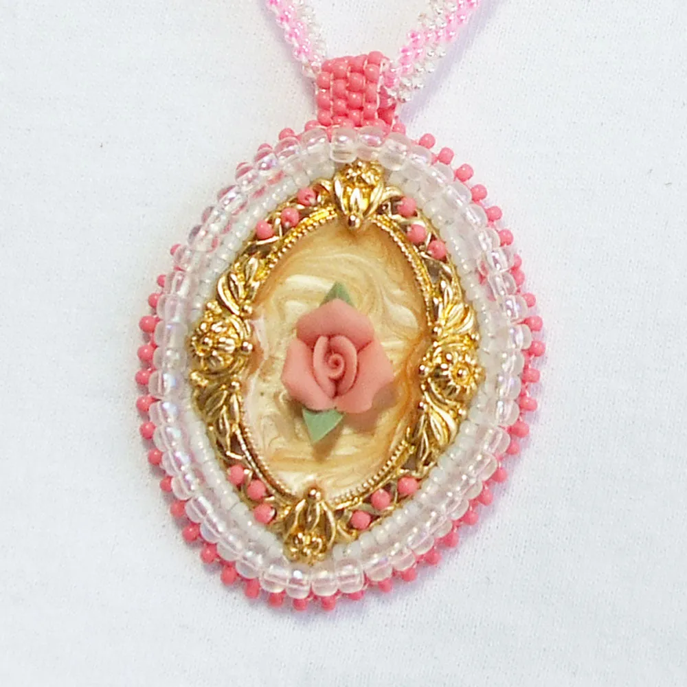 Danica, Rose Cameo, Bead Embroidery, Pendant Necklace