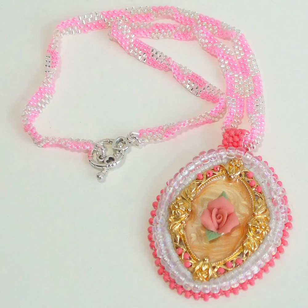 Danica, Rose Cameo, Bead Embroidery, Pendant Necklace