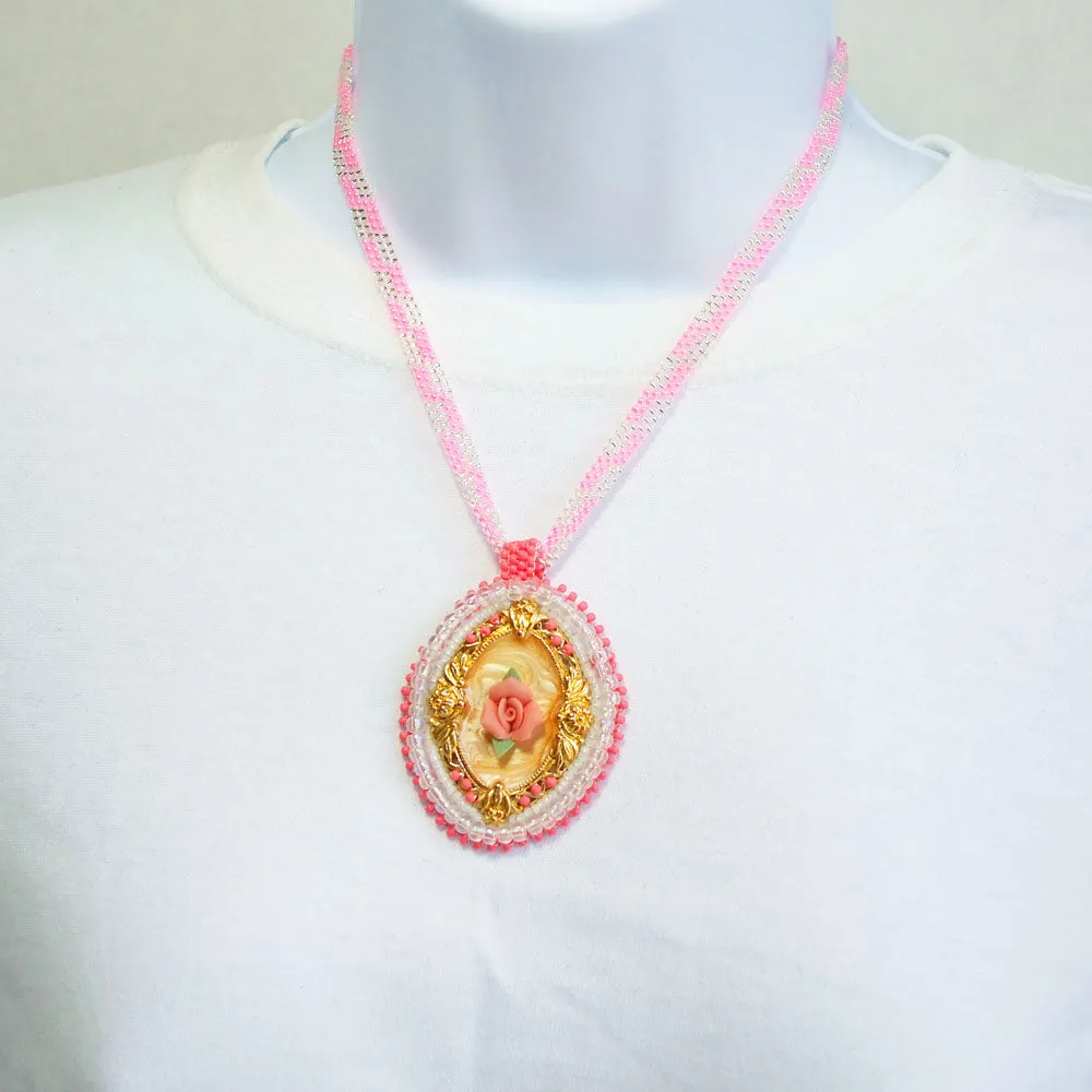 Danica, Rose Cameo, Bead Embroidery, Pendant Necklace