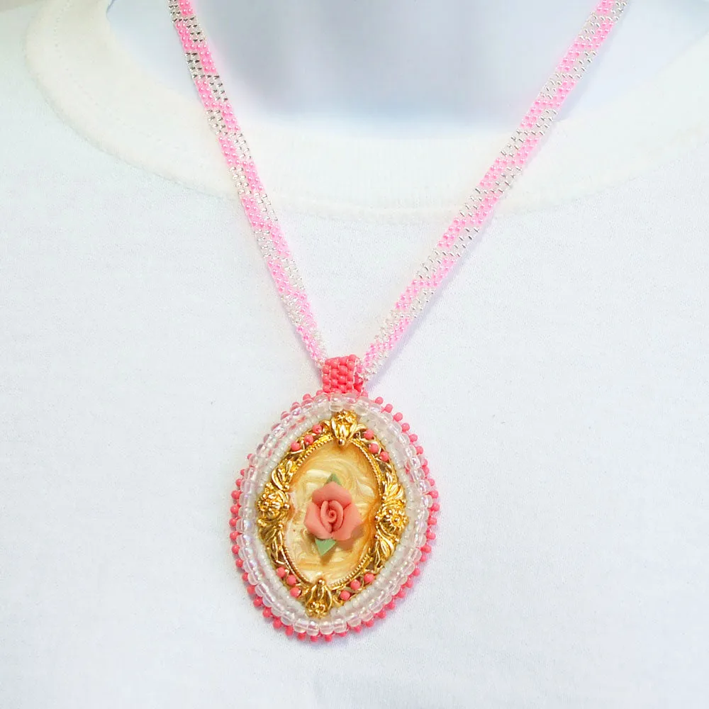 Danica, Rose Cameo, Bead Embroidery, Pendant Necklace