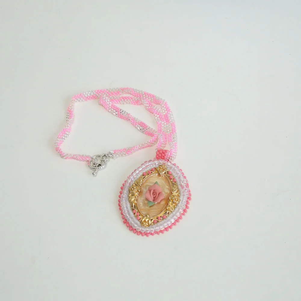 Danica, Rose Cameo, Bead Embroidery, Pendant Necklace