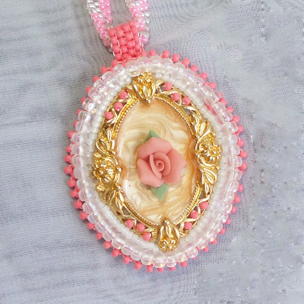 Danica, Rose Cameo, Bead Embroidery, Pendant Necklace