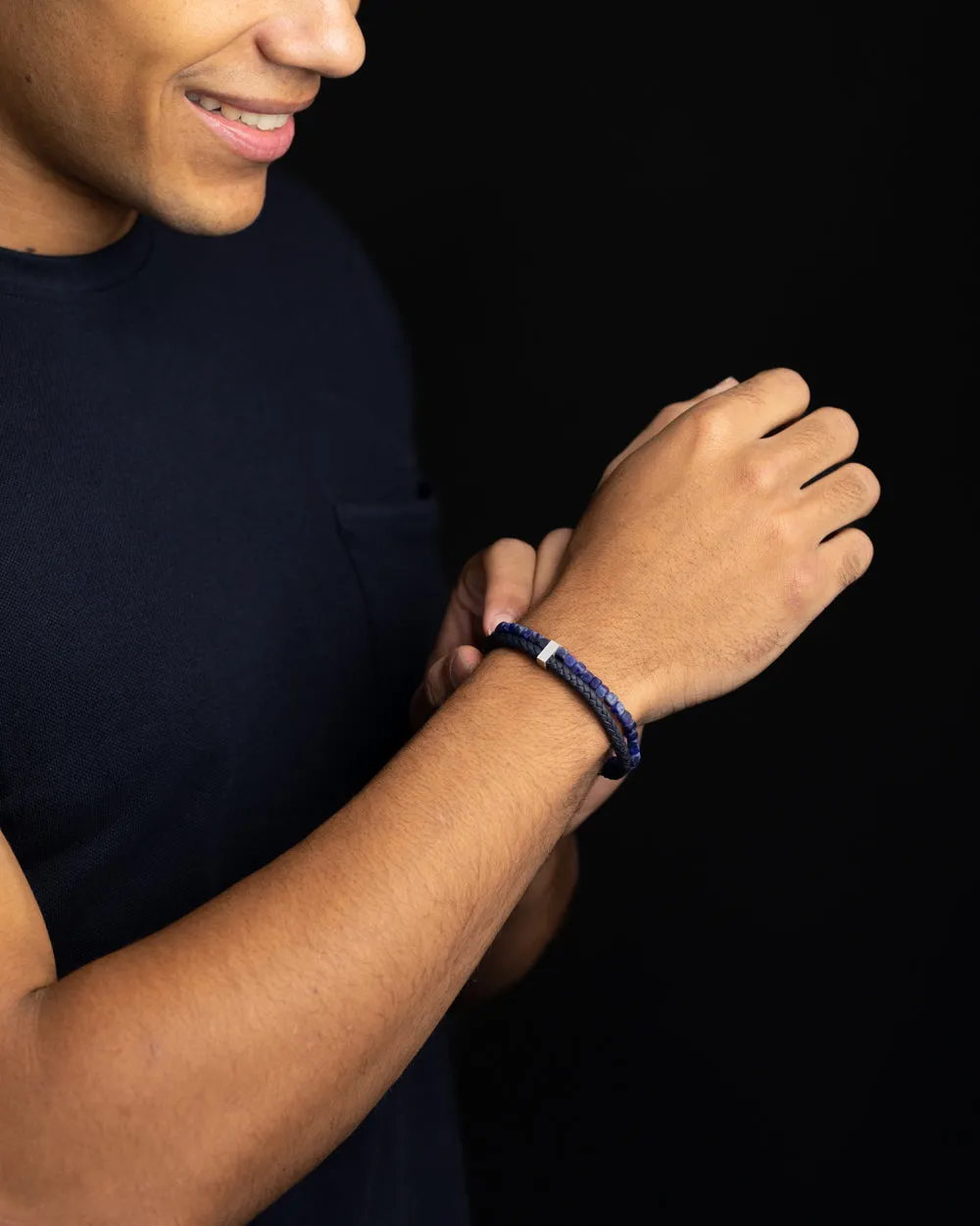 Double bracelet with Italian leather and 4mm Blue Sodalite stone