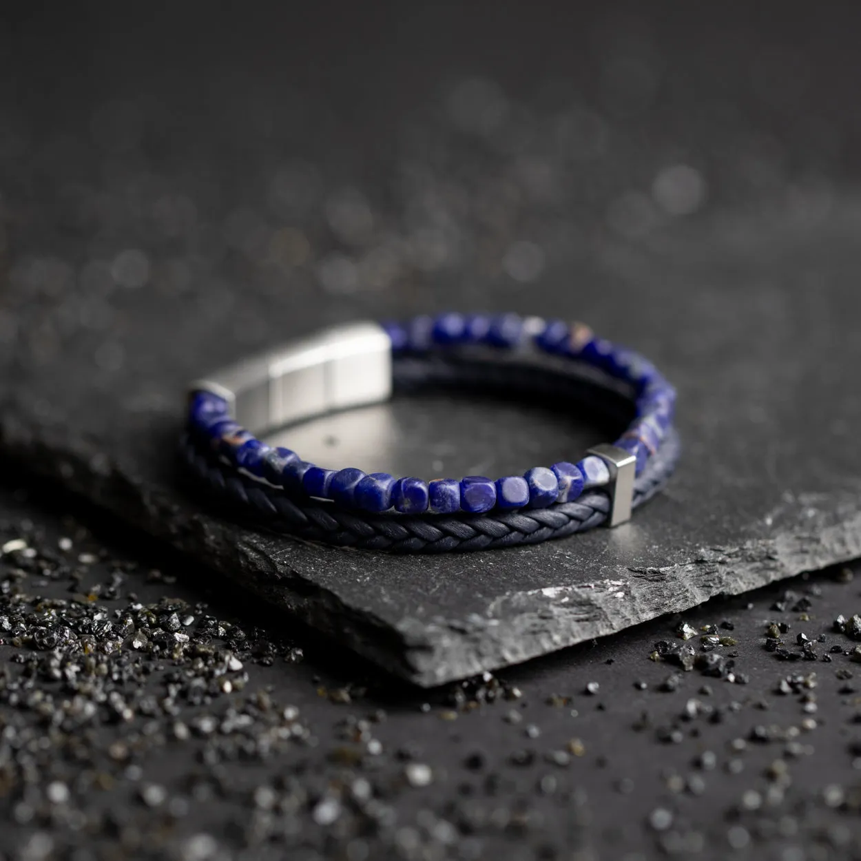 Double bracelet with Italian leather and 4mm Blue Sodalite stone