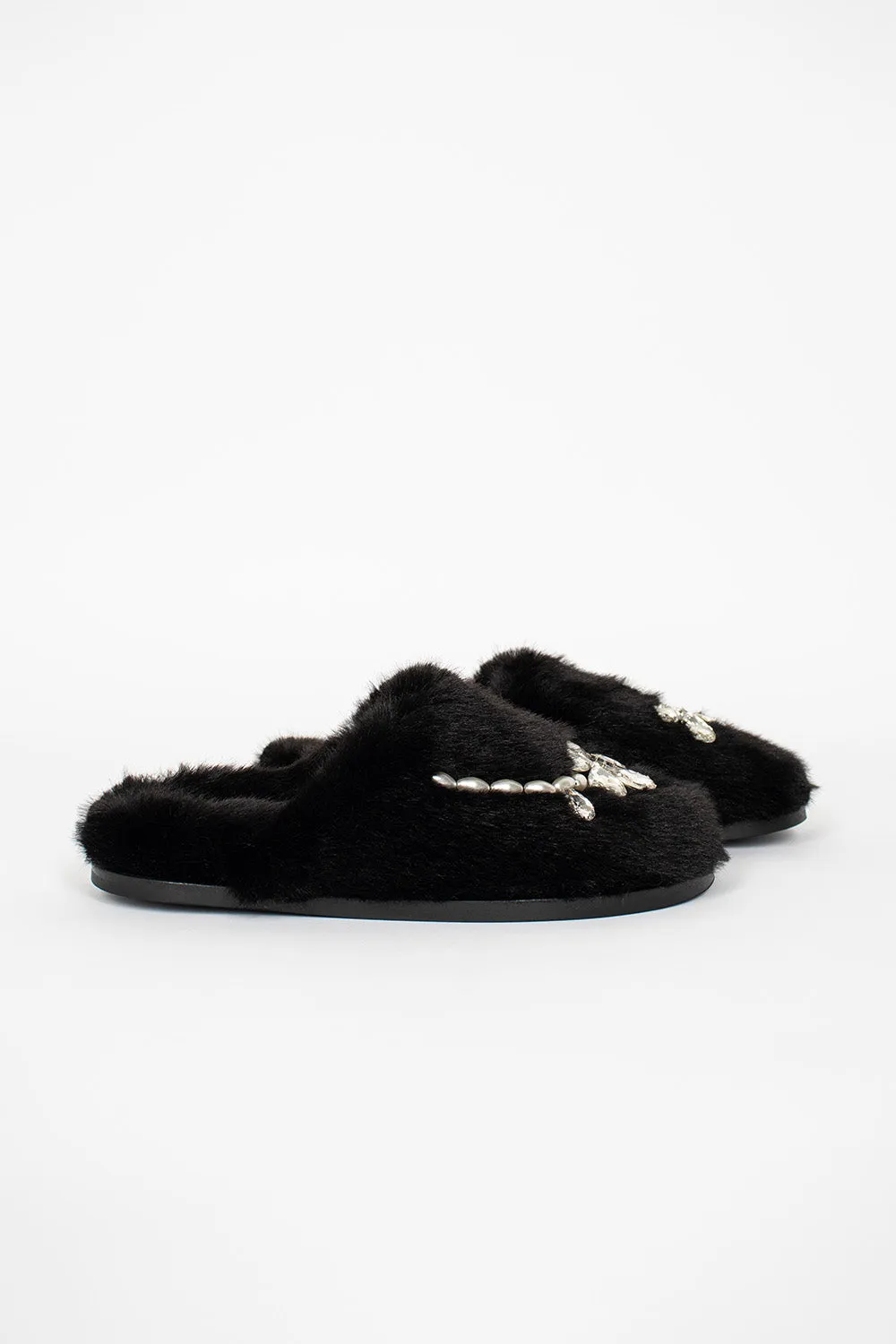 Embellished Furry Slippers Black